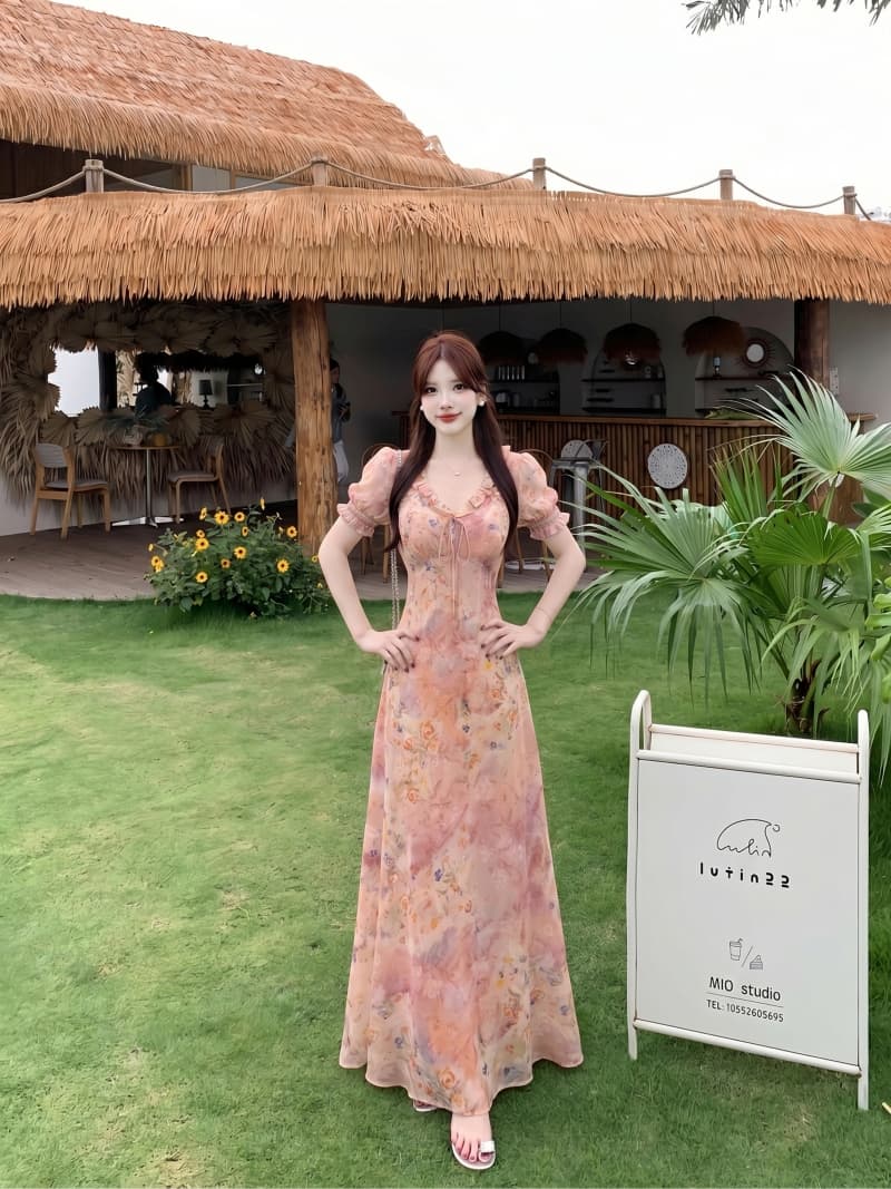 실사 여름 새로운 프릴 허리 수축 슬림해 보이는 연령 감소 프랑스식 부드러운 바람 꽃무늬 중간 길이 드레스 상세 이미지 21