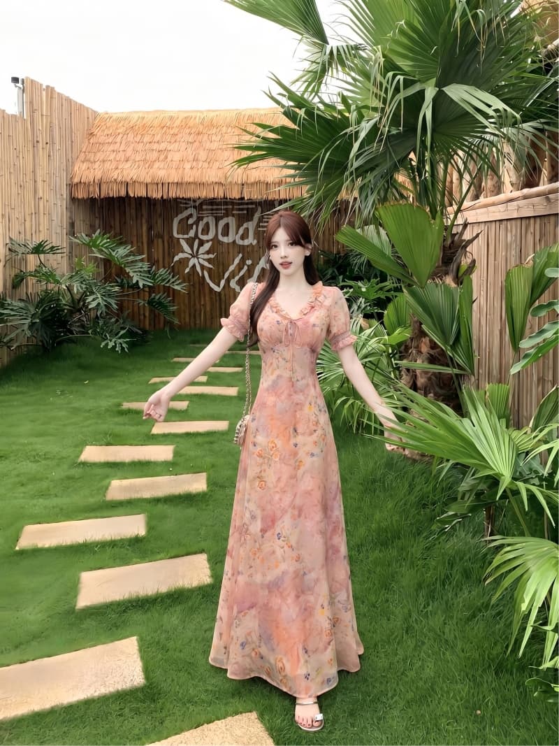 실사 여름 새로운 프릴 허리 수축 슬림해 보이는 연령 감소 프랑스식 부드러운 바람 꽃무늬 중간 길이 드레스 상세 이미지 23
