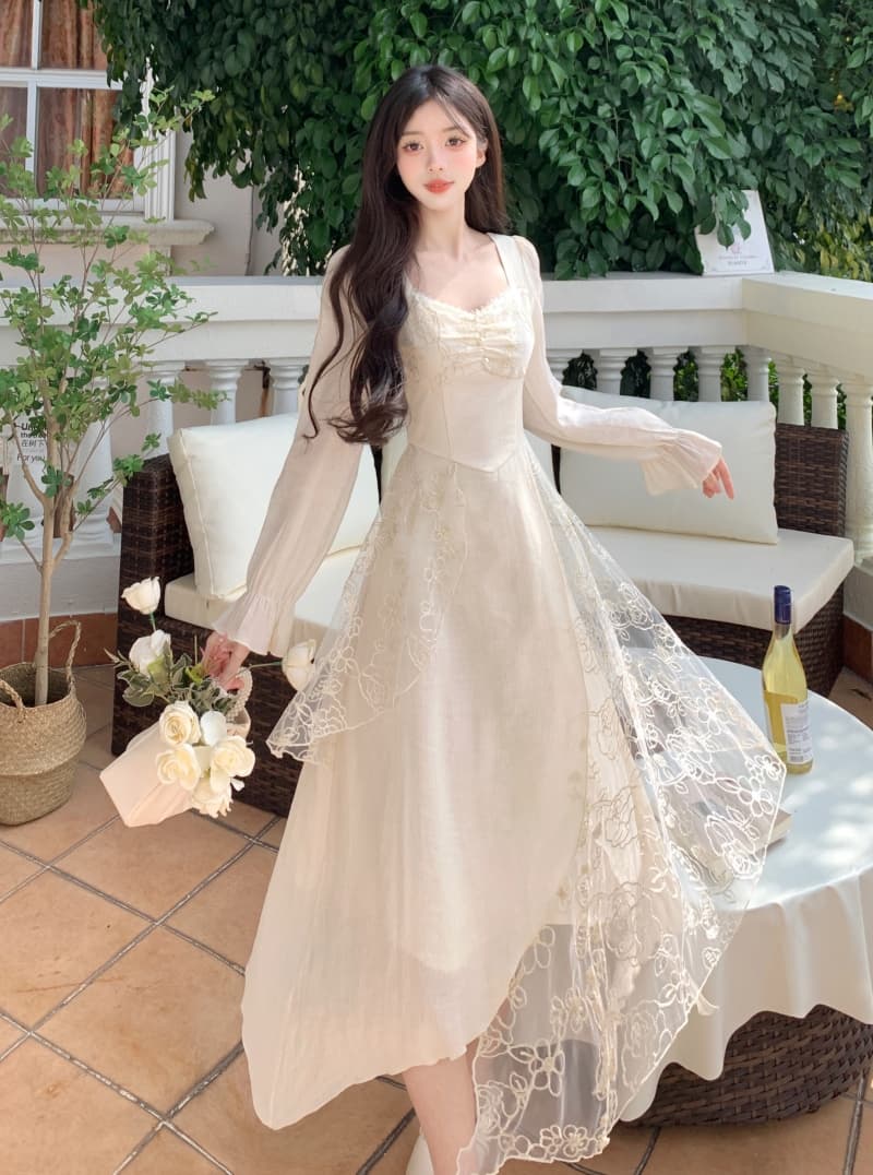 실사 이른 가을 새로운 새로운 중식 감기 바람 디자인 센스 불규칙 레이스 조각 층 드레스 상세 이미지 6