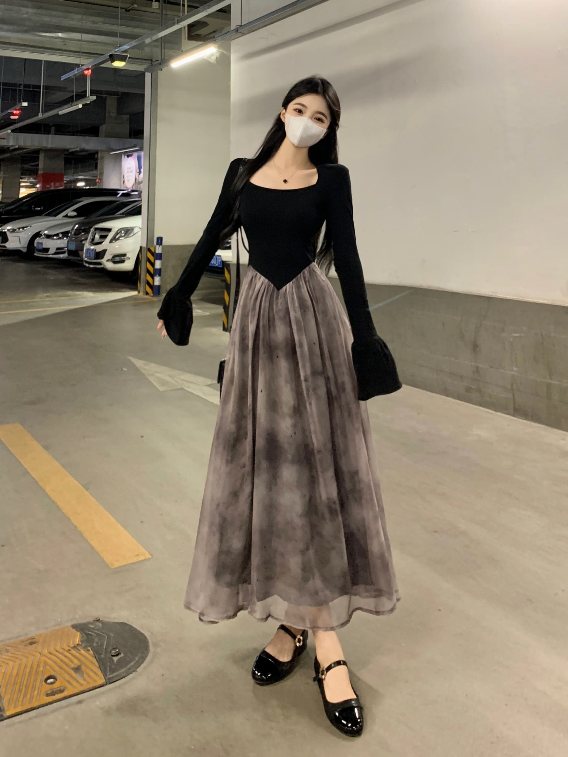 실사 레트로 광장 칼라 점프 슈트 치마 가을 새로운 프랑스식 그는 벤 바람 망사 패치워크 중간 길이 드레스 이미지 2