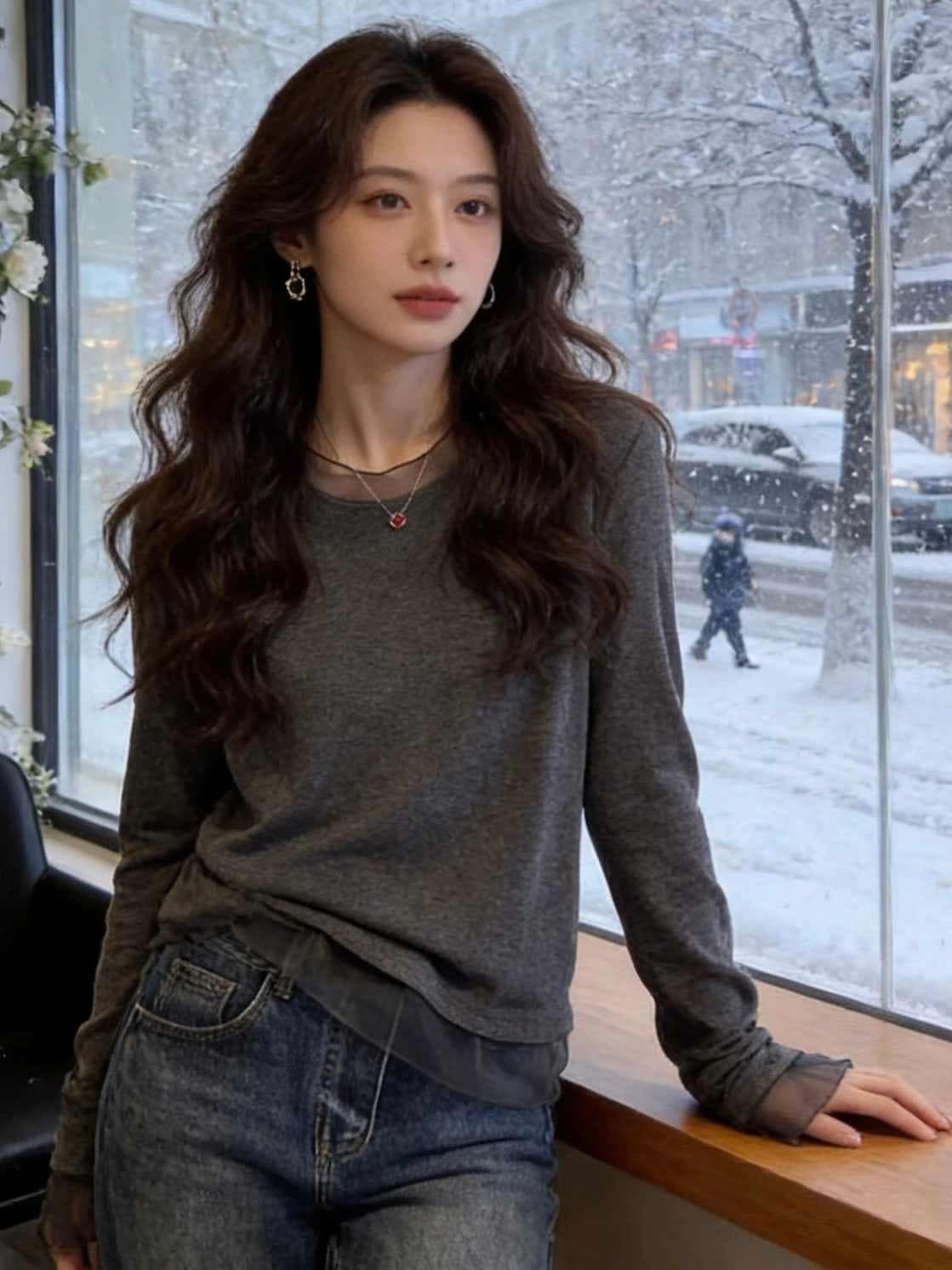 유럽 상품 회색 쉬폰 패치워크 긴팔 티셔츠 여성 2026 봄 가을 새로운 인사이드 가져 가라. 기본 셔츠 맨위 다용도 슬림해 보이는 상세 이미지 4