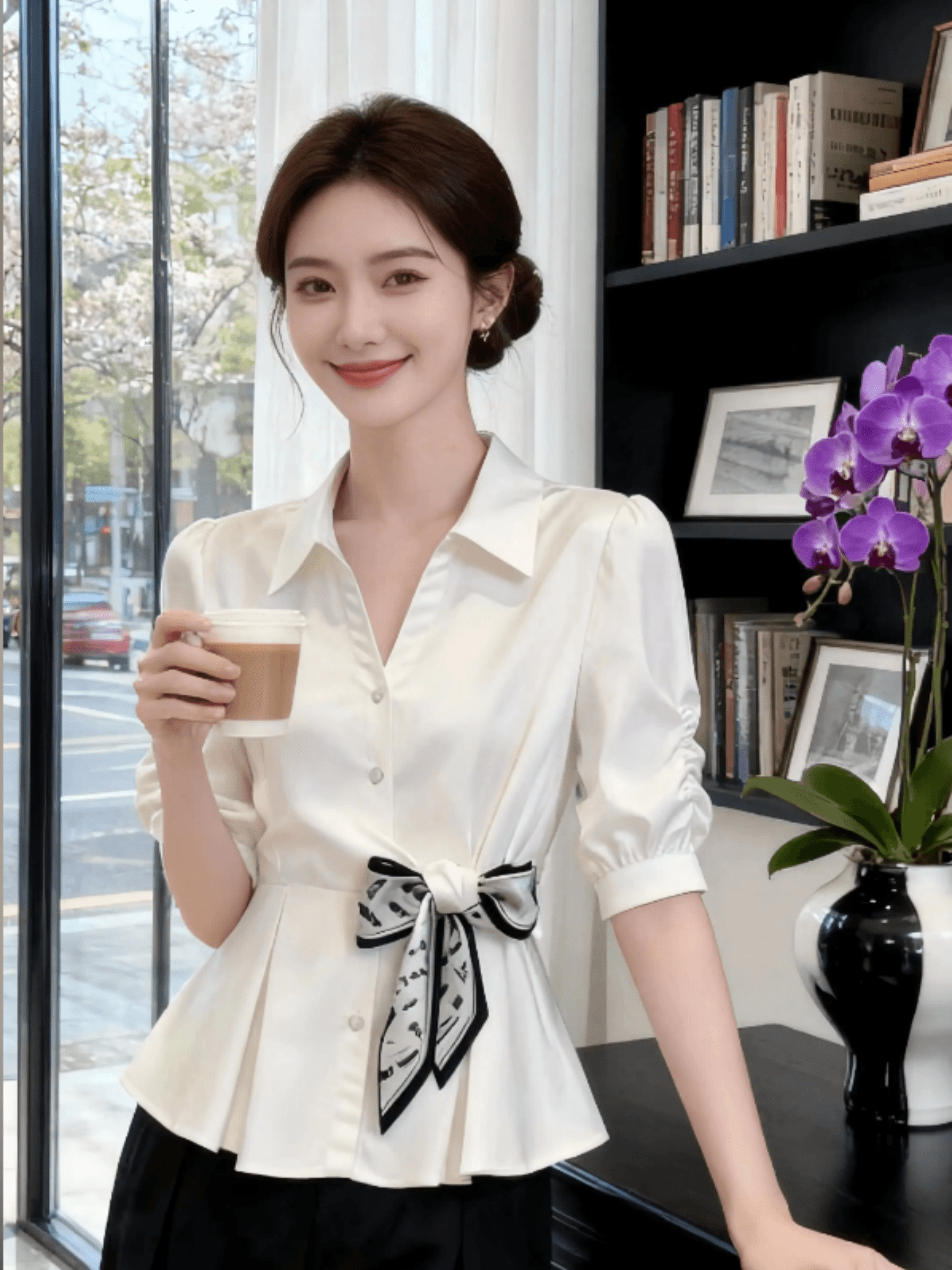 부드러운 화이트 거품 소매 나비 매듭 여성 셔츠 여름 스트랩 디자인 센스 품격 허리 수축 슬림해 보이는 연령 감소 맨위 상세 이미지 7
