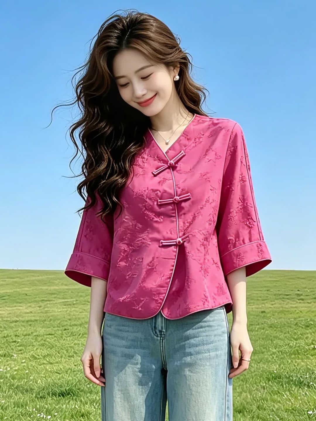 패션 새로운 중식 7부 소매 여성 셔츠 2026 여름 새로운 외국 가스 슬림해 보이는 국풍 단추 다용도 맨위 트렌디 이미지 4