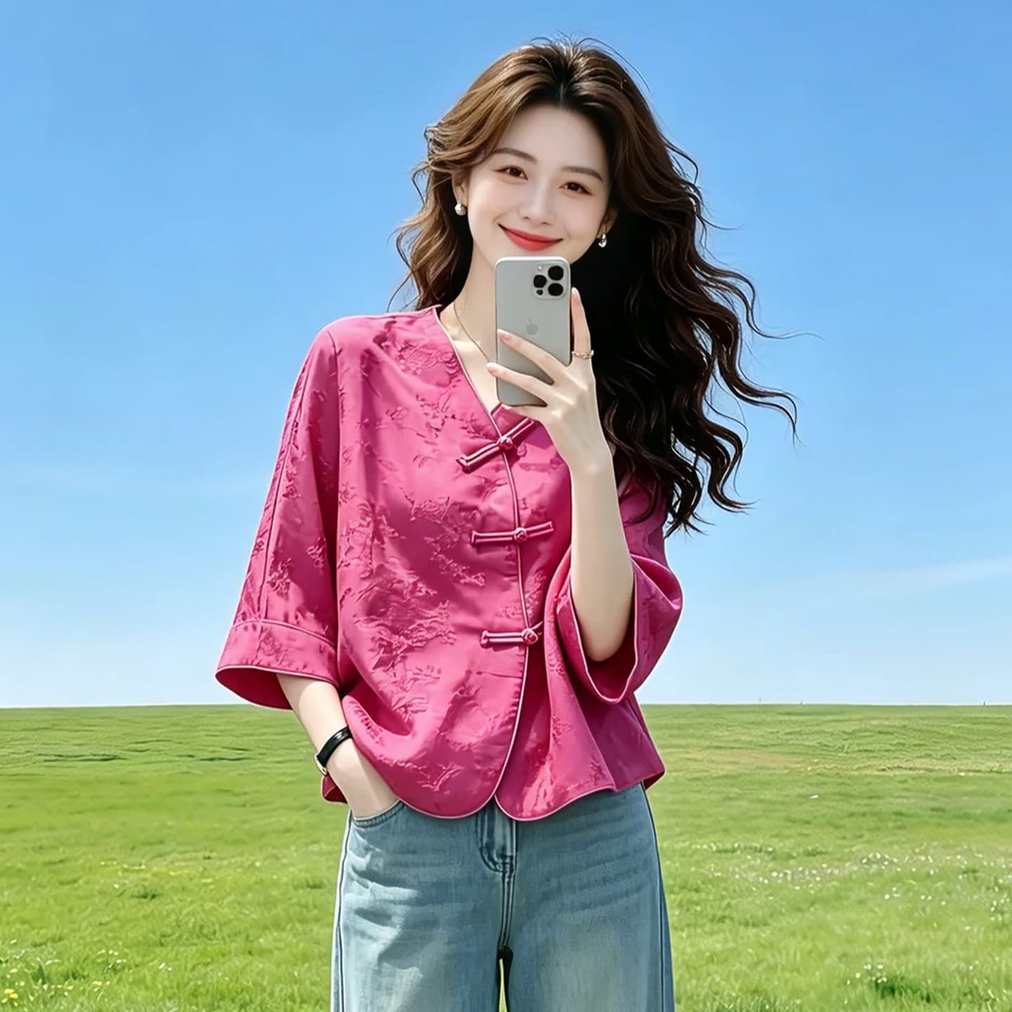 패션 새로운 중식 7부 소매 여성 셔츠 2026 여름 새로운 외국 가스 슬림해 보이는 국풍 단추 다용도 맨위 트렌디 상세 이미지 1