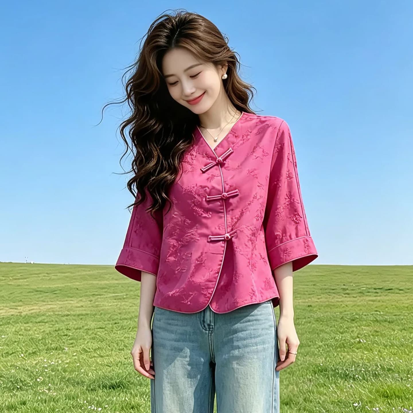 패션 새로운 중식 7부 소매 여성 셔츠 2026 여름 새로운 외국 가스 슬림해 보이는 국풍 단추 다용도 맨위 트렌디 상세 이미지 2