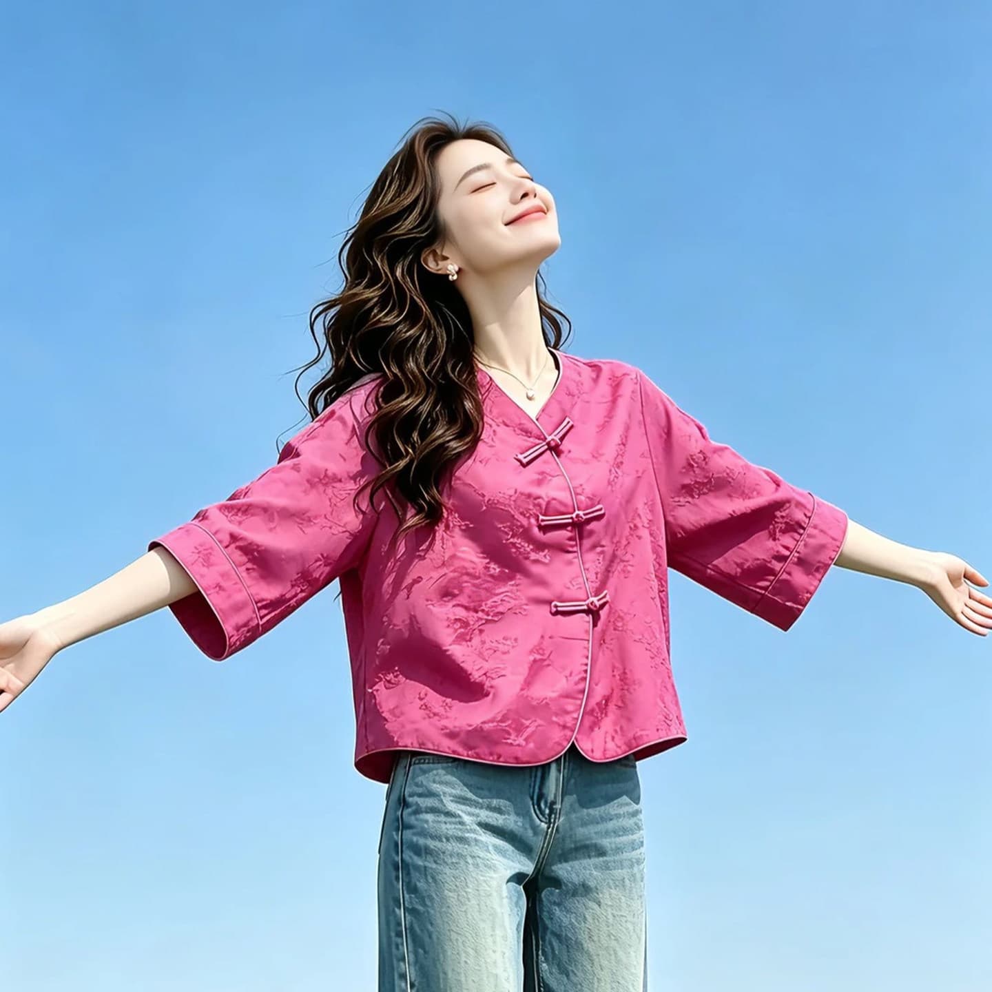 패션 새로운 중식 7부 소매 여성 셔츠 2026 여름 새로운 외국 가스 슬림해 보이는 국풍 단추 다용도 맨위 트렌디 상세 이미지 5
