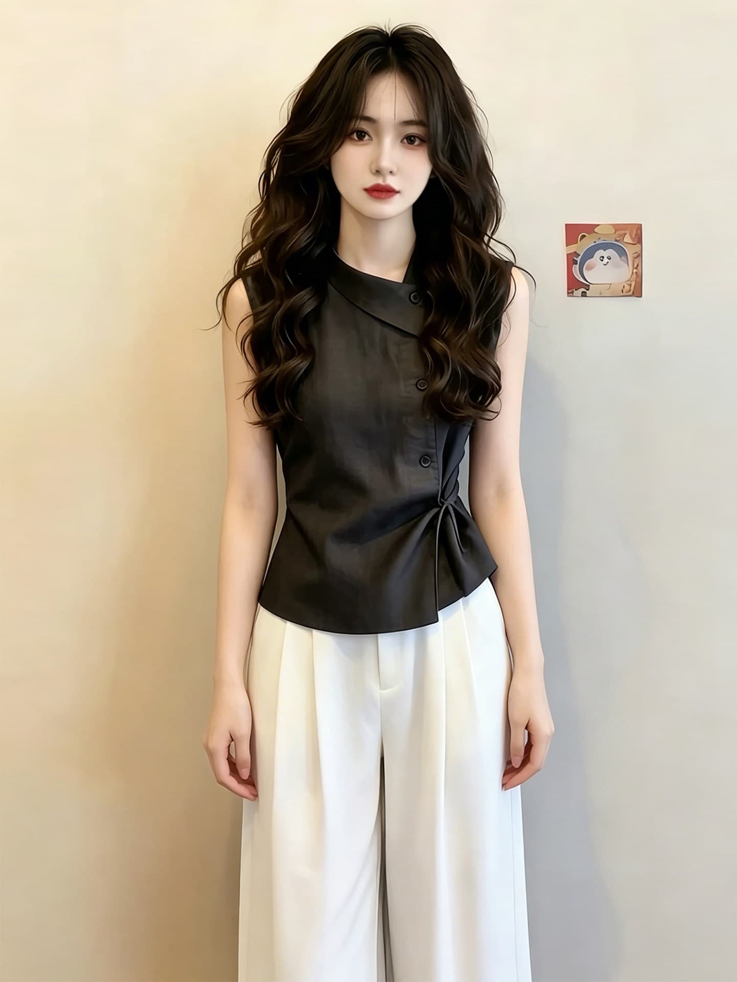 어두운 회색 스탠드 칼라 민소매 스트랩 느긋한 셔츠 여성 셔츠 2026 여름 프랑스식 출퇴근 착용 가져 가라. 품격 맨위 이미지 2