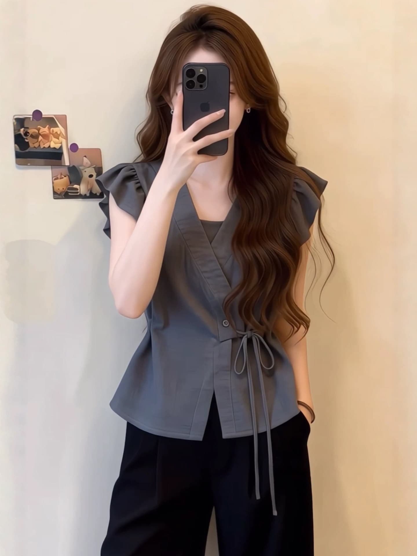 프랑스식 회색 V넥 반팔 여성 셔츠 여름 디자인 센스 프릴 허리 수축 레이스업 품격 연령 감소 작은 셔츠 맨위 이미지 4