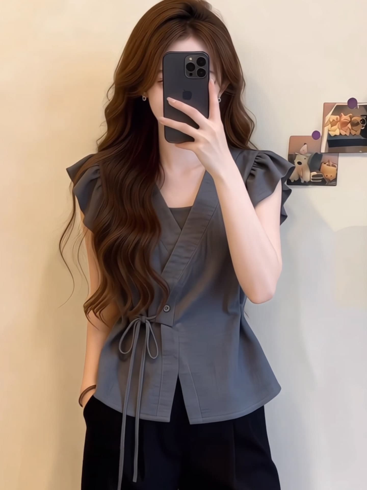 프랑스식 회색 V넥 반팔 여성 셔츠 여름 디자인 센스 프릴 허리 수축 레이스업 품격 연령 감소 작은 셔츠 맨위 상세 이미지 2