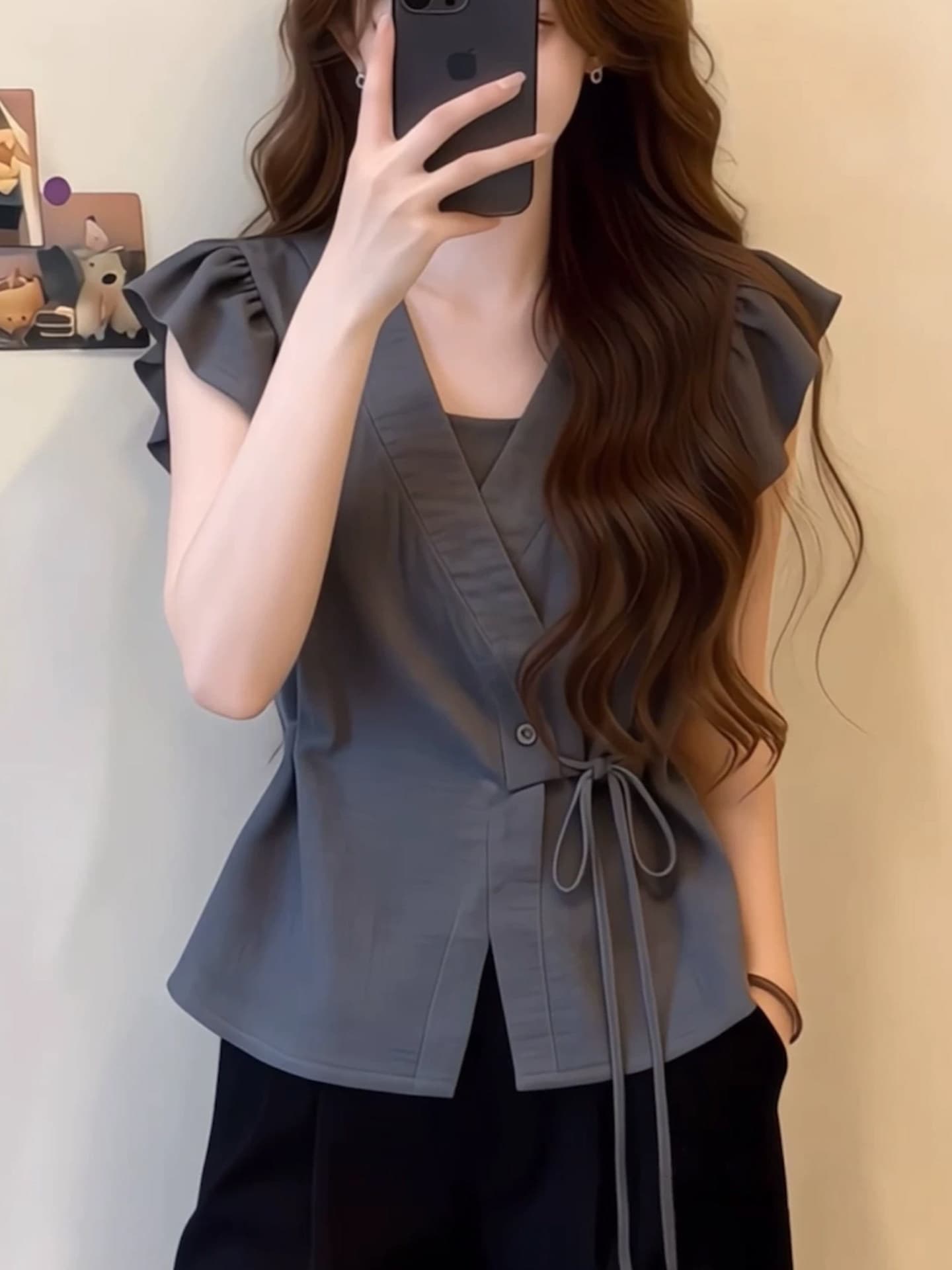 프랑스식 회색 V넥 반팔 여성 셔츠 여름 디자인 센스 프릴 허리 수축 레이스업 품격 연령 감소 작은 셔츠 맨위 상세 이미지 3