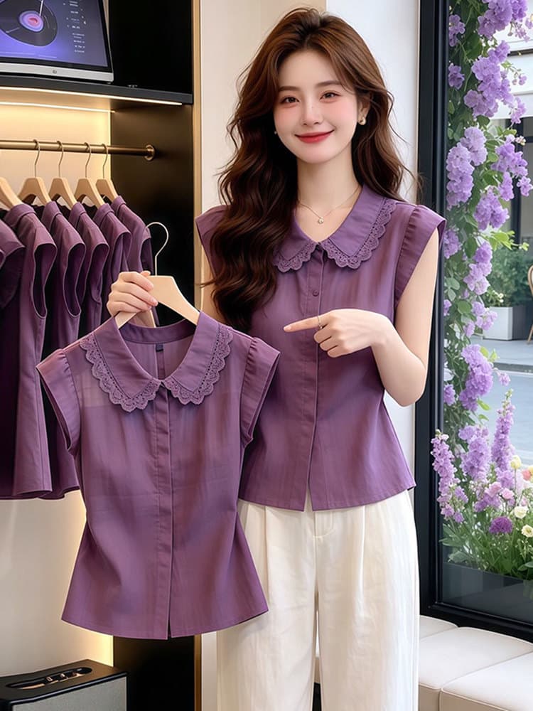 프랑스식 베이비 칼라 레이스 측면 여성 셔츠 2026 여름 새로운 외국 가스 허리 수축 슬림해 보이는 연령 감소 품격 맨위 트렌디