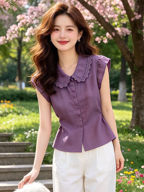 프랑스식 베이비 칼라 레이스 측면 여성 셔츠 2026 여름 새로운 외국 가스 허리 수축 슬림해 보이는 연령 감소 품격 맨위 트렌디 상세 이미지 1