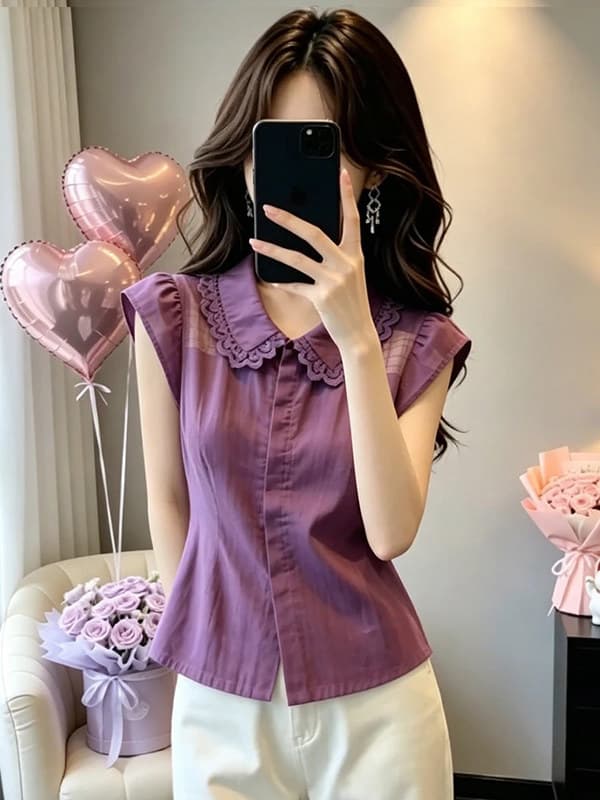 프랑스식 베이비 칼라 레이스 측면 여성 셔츠 2026 여름 새로운 외국 가스 허리 수축 슬림해 보이는 연령 감소 품격 맨위 트렌디 상세 이미지 5