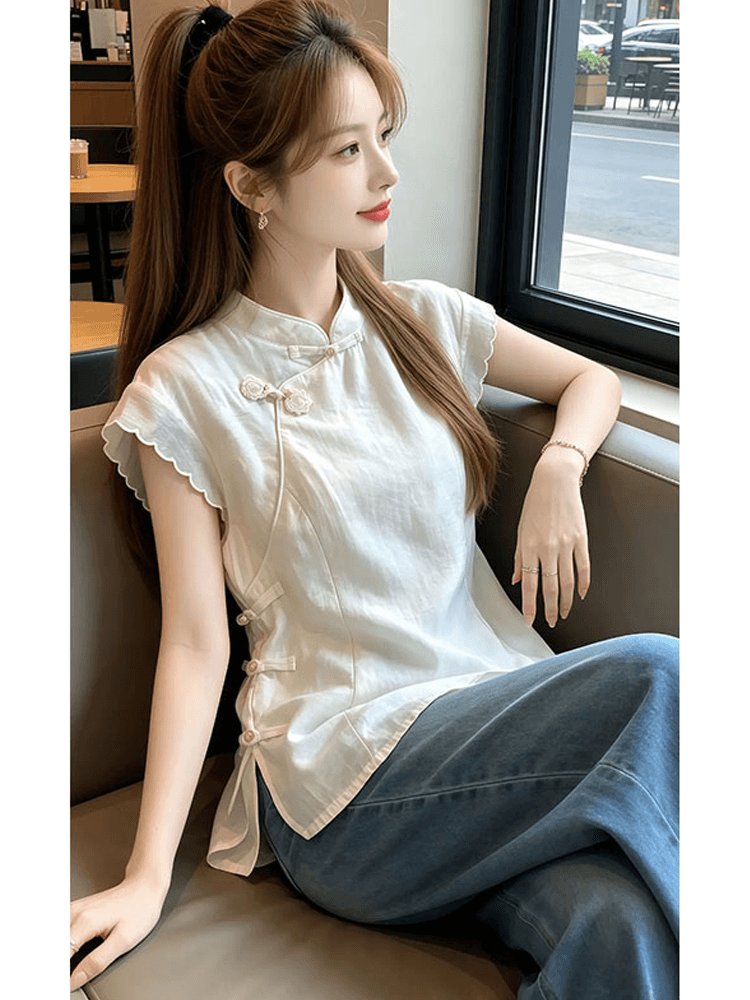 새로운 중식 비스듬한 襟 단추 민소매 화이트 여성 셔츠 2026 여름 새로운 국풍 고급 센스 아름다운 작은 셔츠 이미지 3