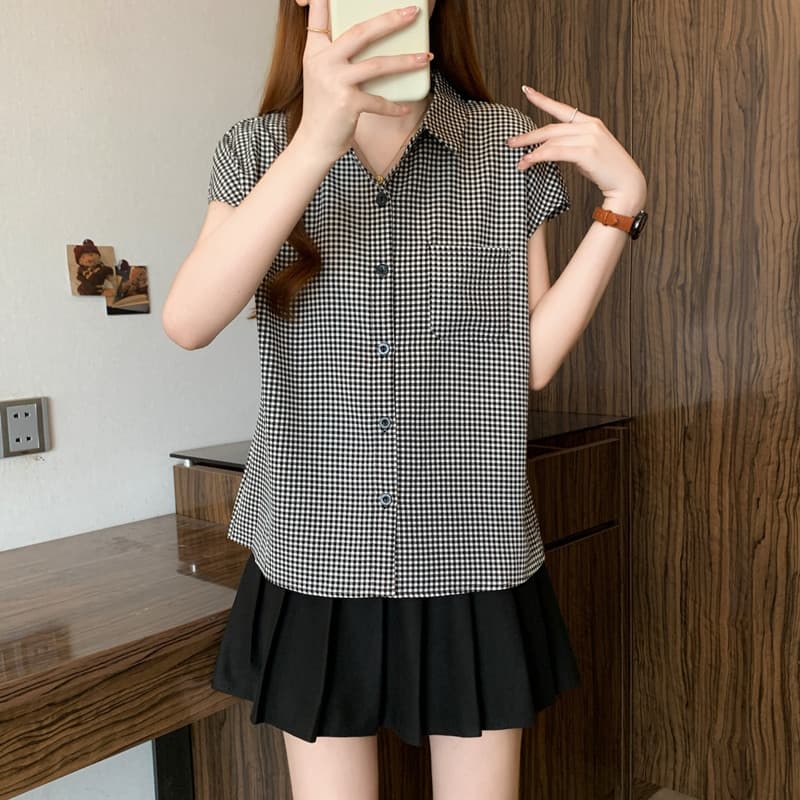 지방 mm 패션 체크무늬 반팔 여성 셔츠 여름 새로운 프랑스식 빛 럭셔리 레트로 스타일 셔츠 외국 가스 연령 감소 맨위 상세 이미지 5