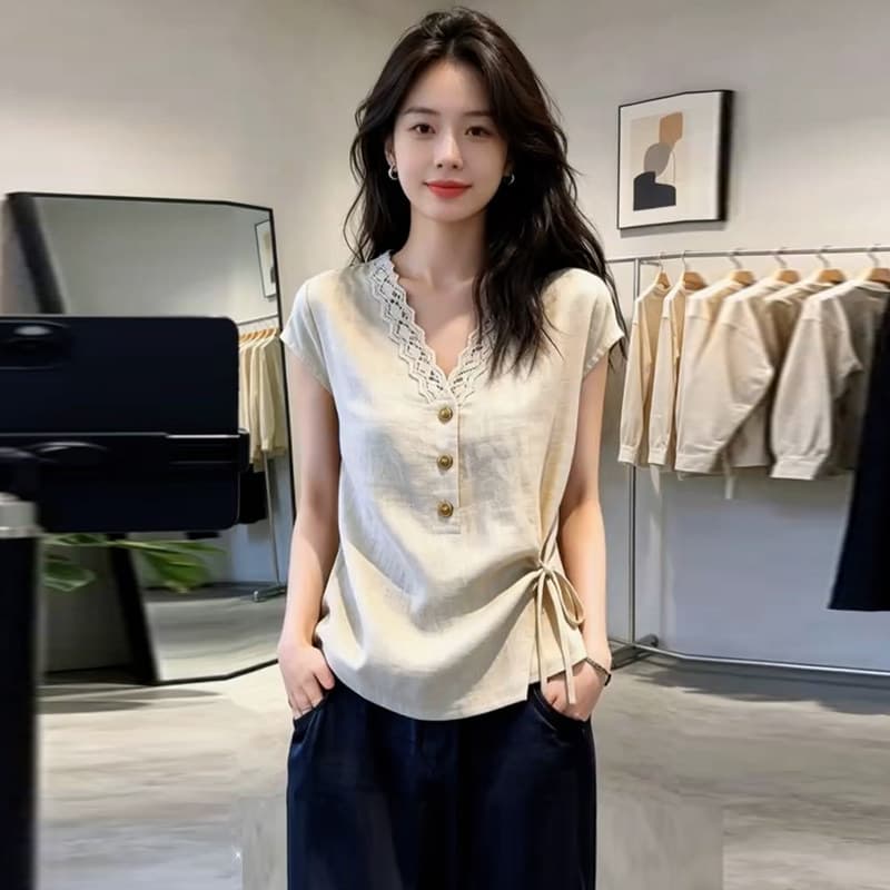 빛 요리 한 바람 V넥 레이스 조각 반팔 여성 셔츠 여름 빅 사이즈 지방 mm 허리 수축 슬림해 보이는 레이스업 품격 맨위 이미지 4
