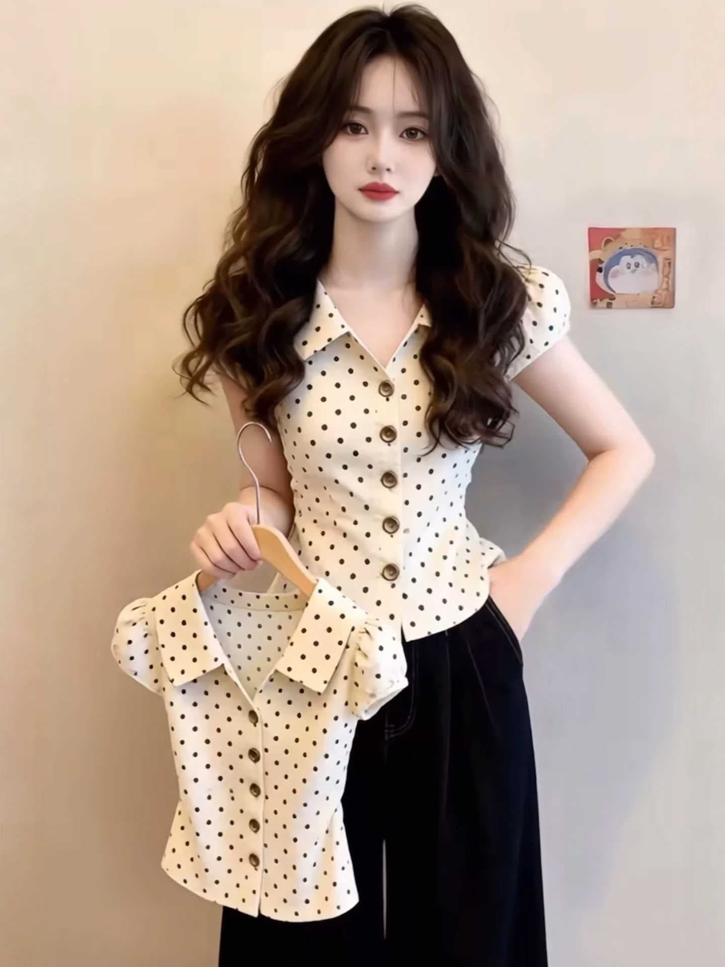 프랑스식 도트 무늬 POLO 칼라 거품 소매 반팔 여성 셔츠 여름 디자인 센스 허리 수축 품격 연령 감소 작은 셔츠 맨위 이미지 4