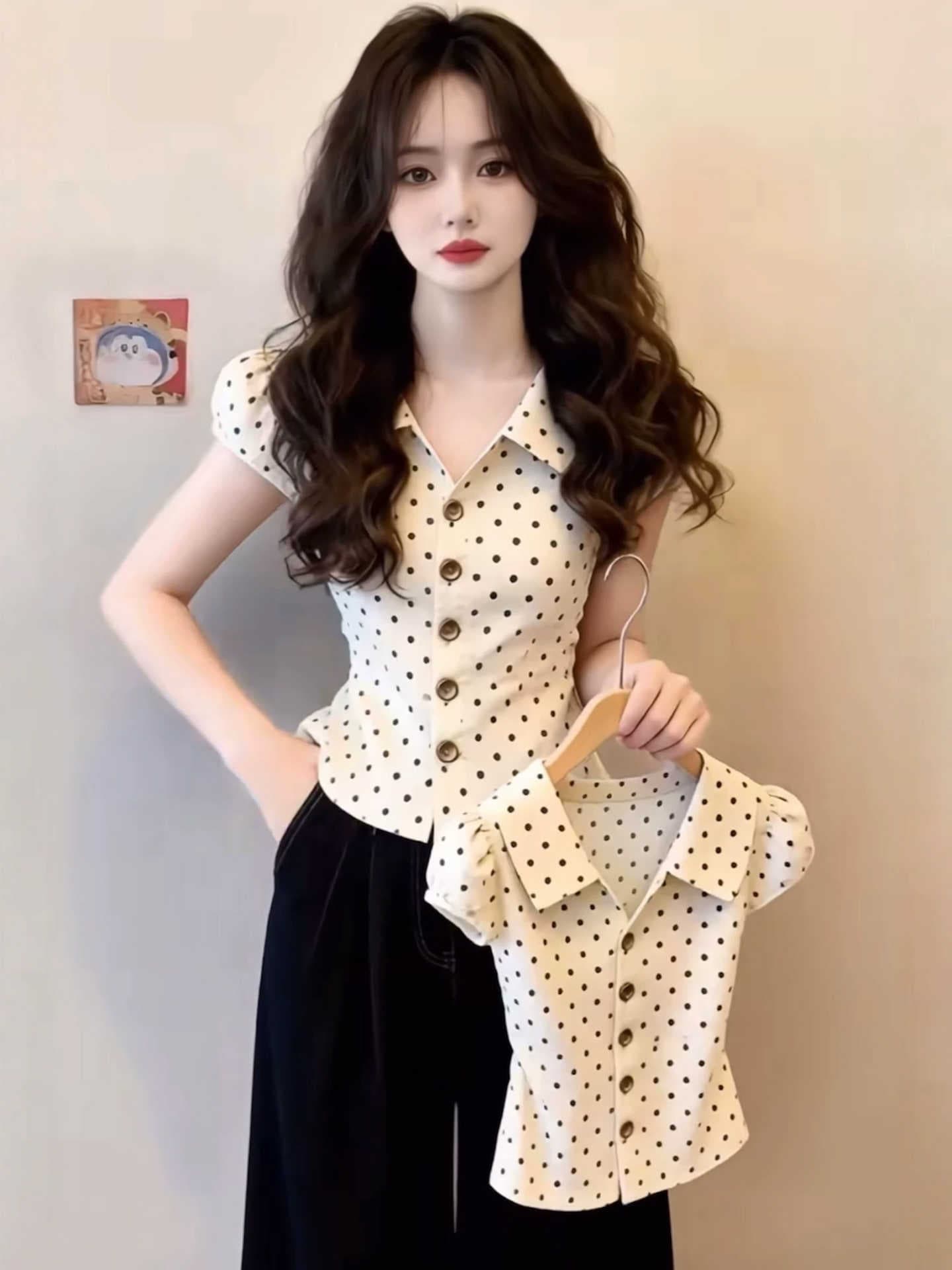 프랑스식 도트 무늬 POLO 칼라 거품 소매 반팔 여성 셔츠 여름 디자인 센스 허리 수축 품격 연령 감소 작은 셔츠 맨위 상세 이미지 3