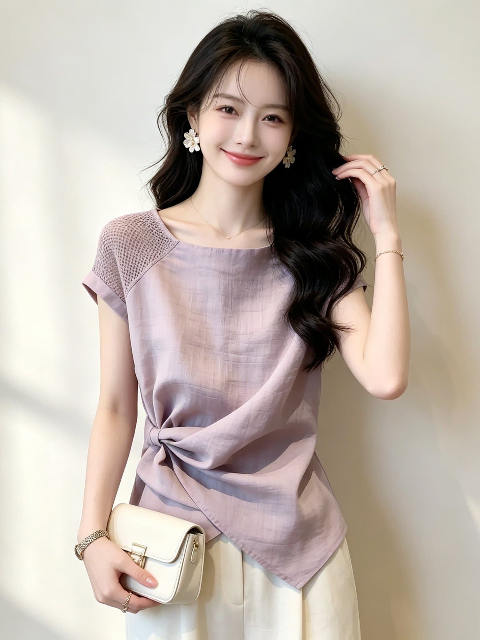 항저우 고급 셔츠 여성 반팔 패션 작은 셔츠 2026 여름 새로운 품격 맨위 상세 이미지 2