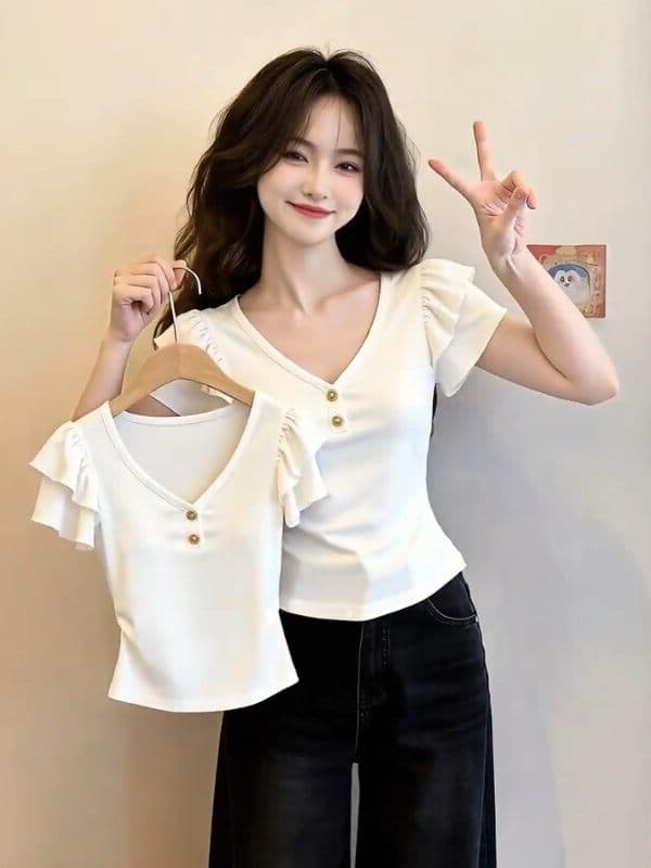 프랑스식 고급 센스 V넥 연꽃 잎 소매 티셔츠 여성 여름 새로운 화이트 몸매 가꾸기 슬림해 보이는 다용도 품격 반팔 맨위 이미지 4