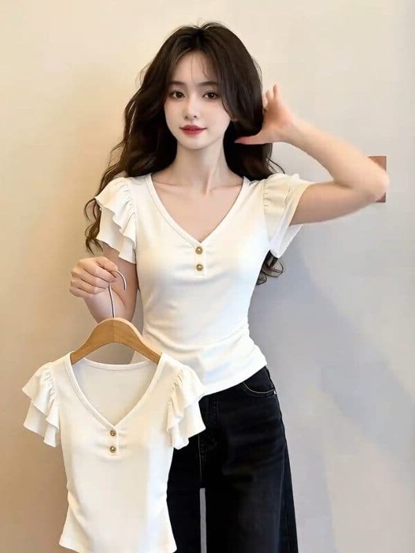 프랑스식 고급 센스 V넥 연꽃 잎 소매 티셔츠 여성 여름 새로운 화이트 몸매 가꾸기 슬림해 보이는 다용도 품격 반팔 맨위 상세 이미지 2