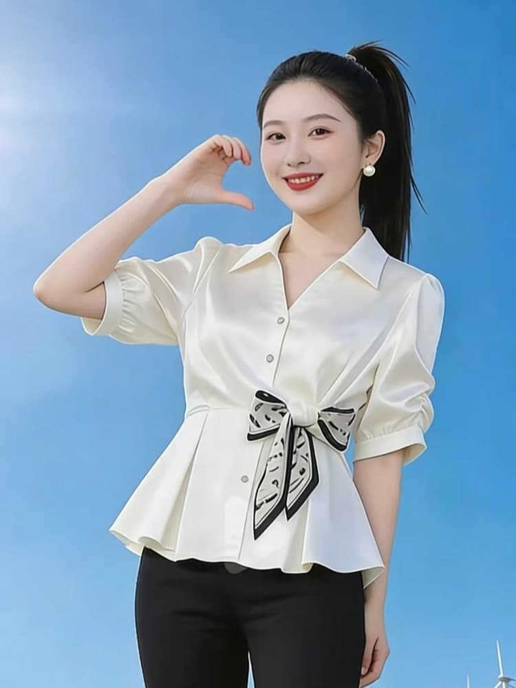 레트로 고급 센스 허리 수축 스카프 여성 셔츠 2026 여름 한국 스타일 프랑스식 디자인 센스 외국 가스 Chic 셔츠 트렌디 이미지 3