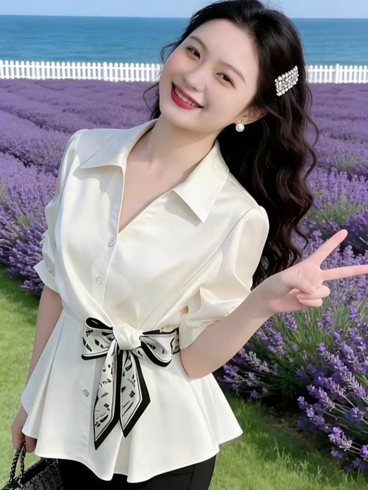 레트로 고급 센스 허리 수축 스카프 여성 셔츠 2026 여름 한국 스타일 프랑스식 디자인 센스 외국 가스 Chic 셔츠 트렌디 상세 이미지 3