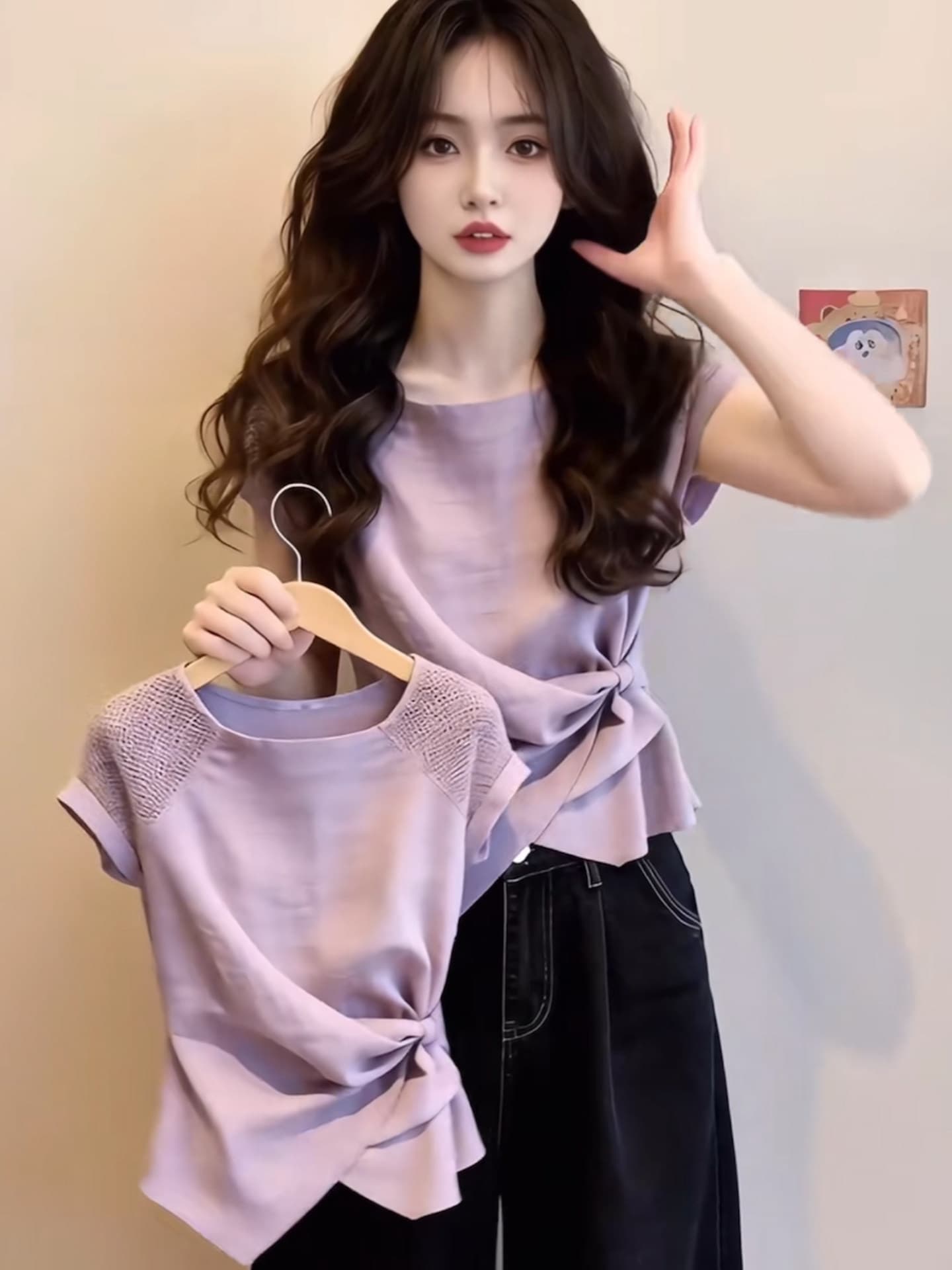 보라색 불규칙 긍정적 인 어깨 반팔 여성 여름 디자인 센스 홀로우 아웃 패치워크 비틀림 허리 수축 연령 감소 품격 맨위 상세 이미지 1