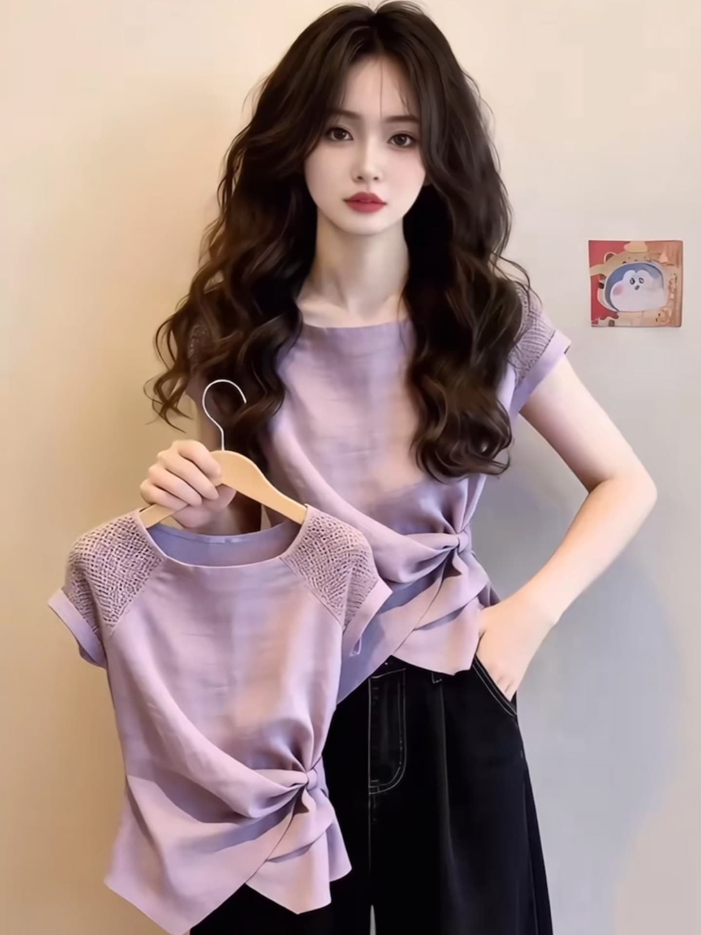 보라색 불규칙 긍정적 인 어깨 반팔 여성 여름 디자인 센스 홀로우 아웃 패치워크 비틀림 허리 수축 연령 감소 품격 맨위 상세 이미지 2