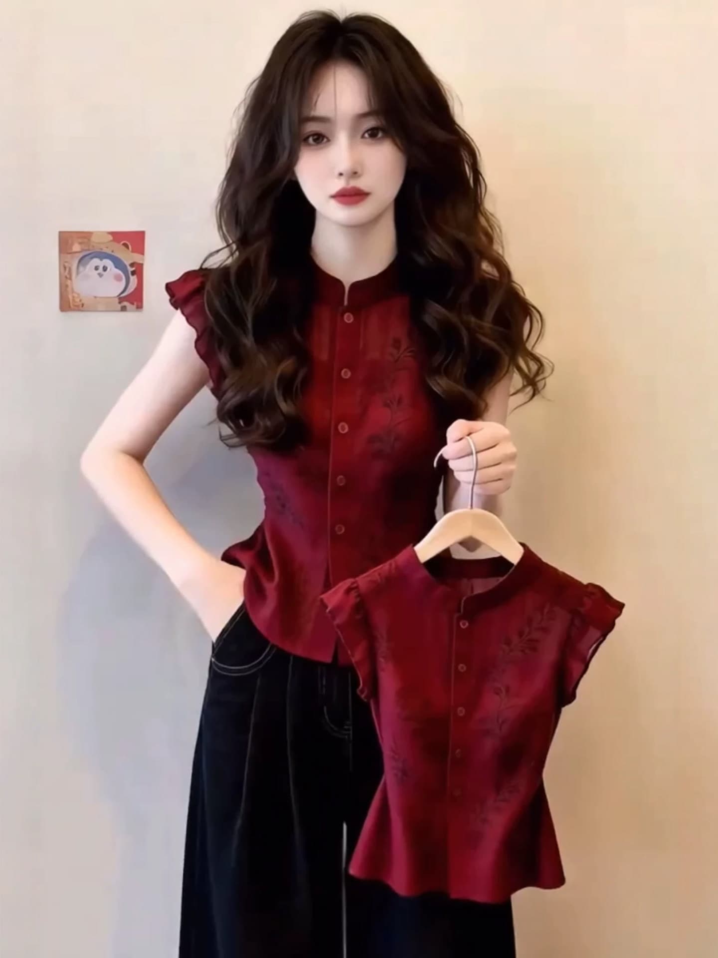 프랑스식 빨간색 스탠드 칼라 프린트 Feifei 소매 민소매 여성 셔츠 여름 디자인 센스 허리 수축 품격 연령 감소 작은 셔츠 맨위 이미지 5