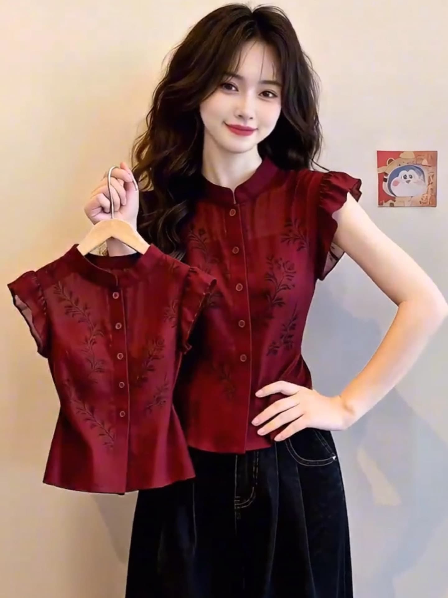 프랑스식 빨간색 스탠드 칼라 프린트 Feifei 소매 민소매 여성 셔츠 여름 디자인 센스 허리 수축 품격 연령 감소 작은 셔츠 맨위 상세 이미지 1