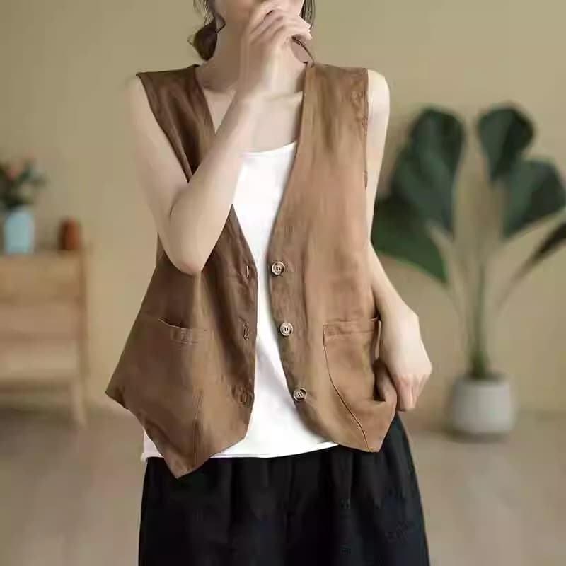 카키 색 미니멀리즘 바람 V넥 싱글 줄 버튼 아마 조끼 여자 여름 유럽 상품 루즈핏 민소매 어깨 조끼 자켓 상세 이미지 4