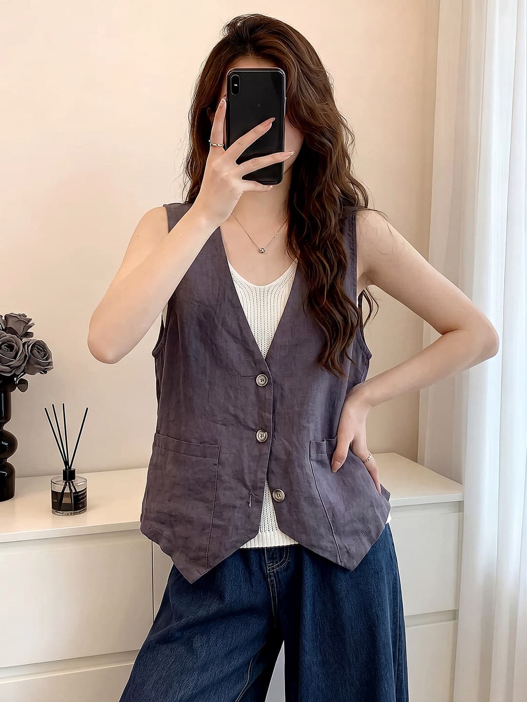 카키 색 미니멀리즘 바람 V넥 싱글 줄 버튼 아마 조끼 여자 여름 유럽 상품 루즈핏 민소매 어깨 조끼 자켓 상세 이미지 7