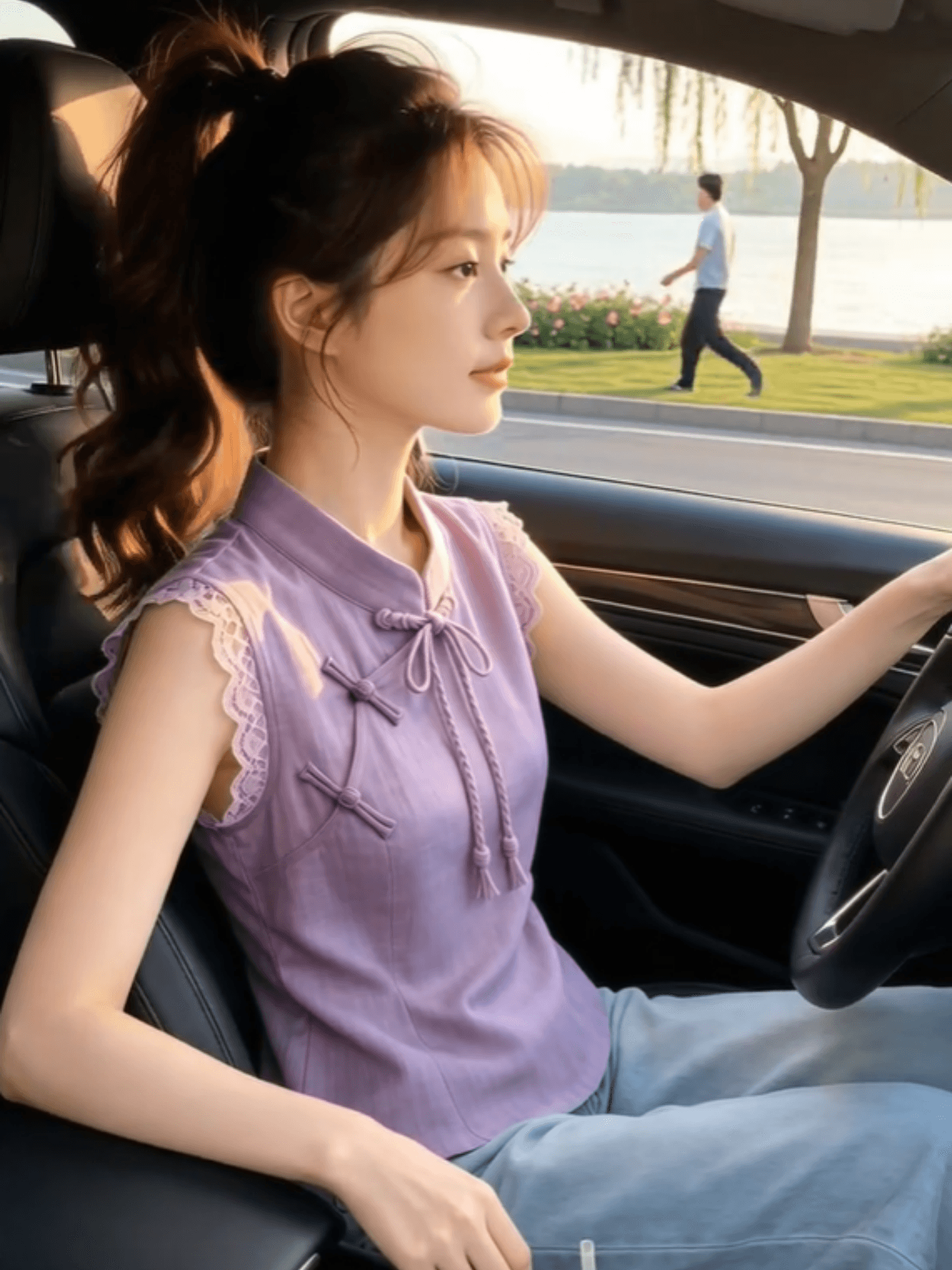 2026 여름 새로운 새로운 중식 문예 국풍 단추 레이스 맨위 여성 보라색 레트로 품격 얇은 스타일 셔츠 상세 이미지 2