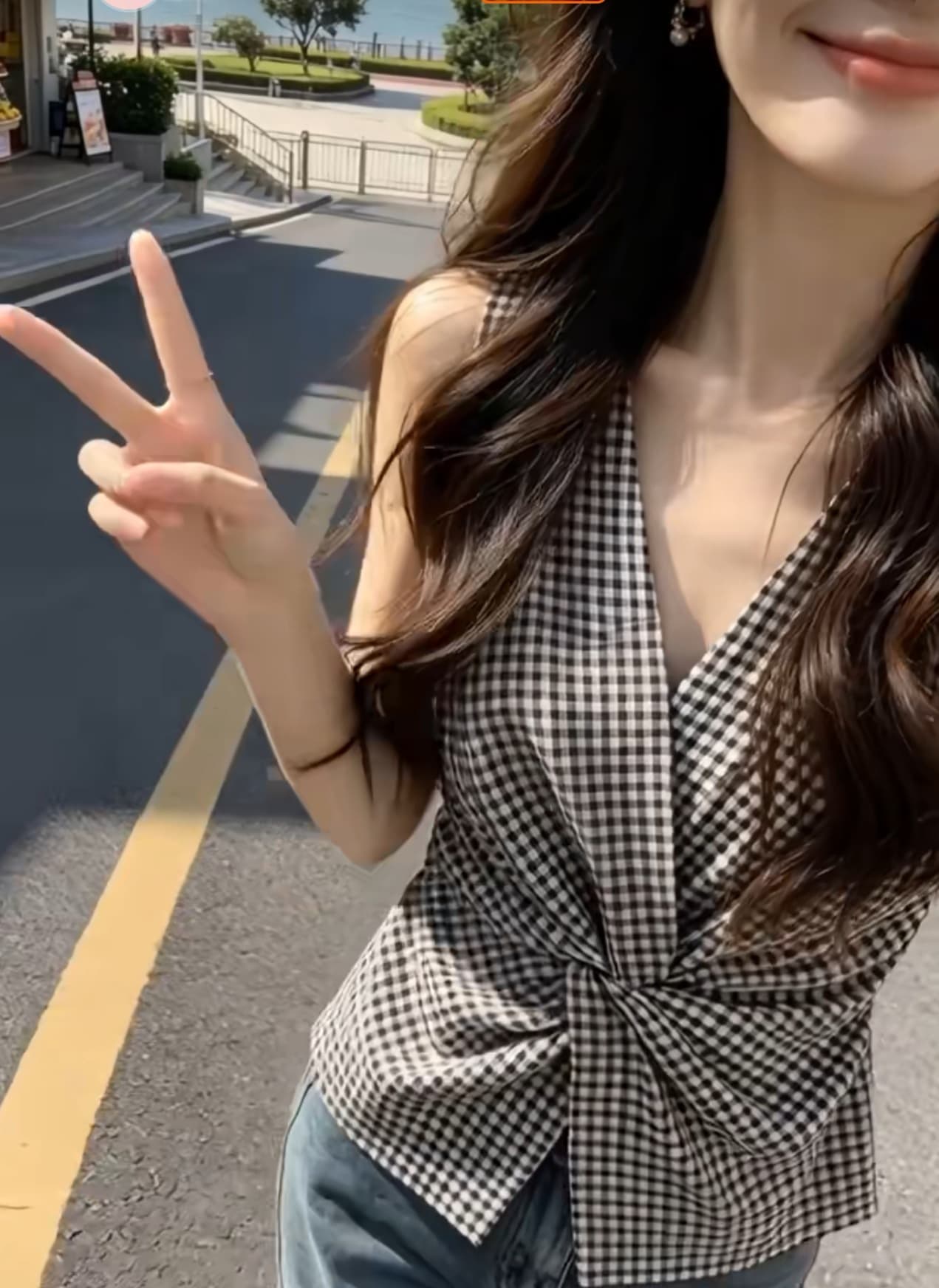 밤나무 니켈 니켈 얇은 스타일 오래된 돈 바람 흑인과 백인 체크무늬 조끼 여자 여름 고급 외국 가스 비틀림 디자인 센스 조끼 이미지 2