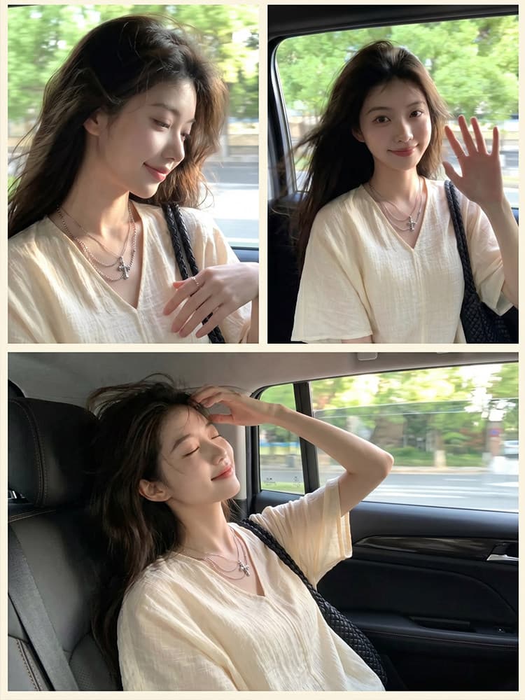 오래된 돈 바람 얇고 가벼운 자외선 차단 블라우스 반팔 여성 셔츠 여름 루즈핏 느긋한 디자인 센스 주름 V넥 셔츠 트렌디 이미지 3
