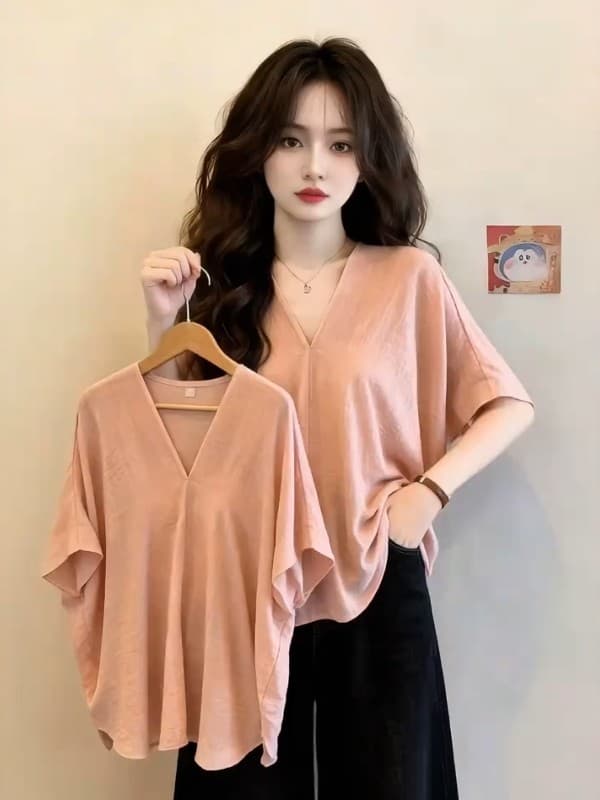 오래된 돈 바람 얇고 가벼운 자외선 차단 블라우스 반팔 여성 셔츠 여름 루즈핏 느긋한 디자인 센스 주름 V넥 셔츠 트렌디 상세 이미지 4