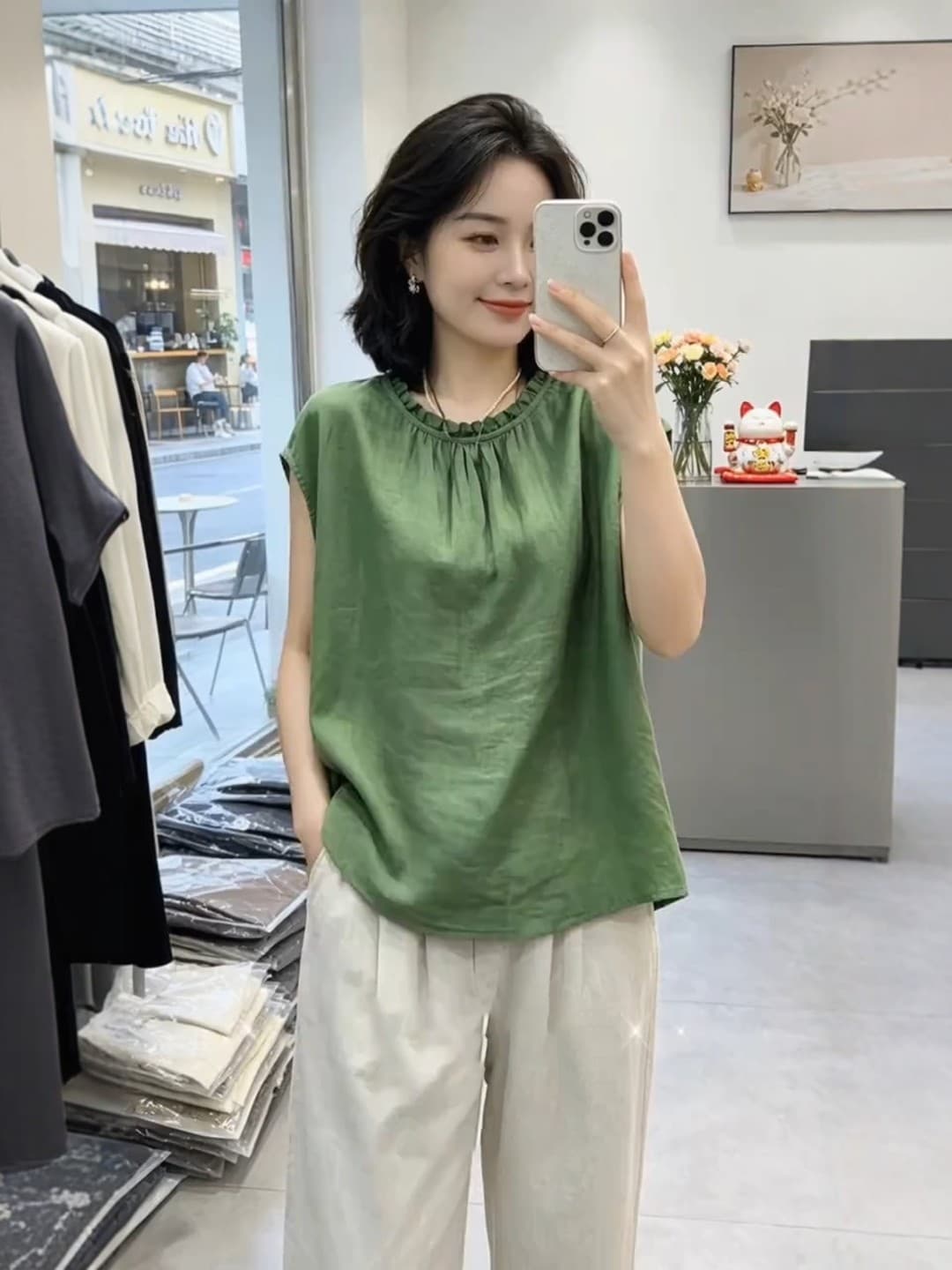 녹색 곰팡이 고리 반팔 여성 셔츠 2026 여름 빅 사이즈 지방 mm 디자인 센스 루즈핏 캐주얼 품격 얇은 맨위 이미지 2