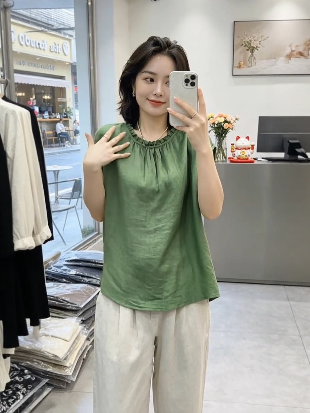 녹색 곰팡이 고리 반팔 여성 셔츠 2026 여름 빅 사이즈 지방 mm 디자인 센스 루즈핏 캐주얼 품격 얇은 맨위 상세 이미지 1