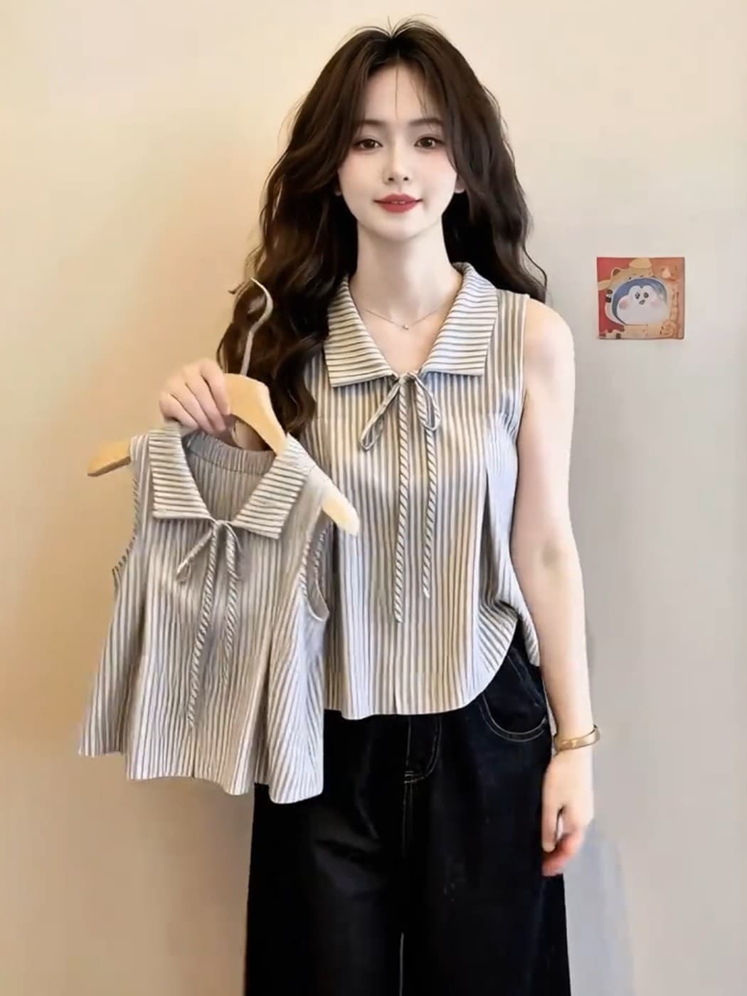 프랑스식 작은 대중 폴로 칼라 패치워크 색상 스트라이프 디자인 센스 레이스업 조끼 여성 여름 루즈핏 캐주얼 민소매 셔츠 맨위