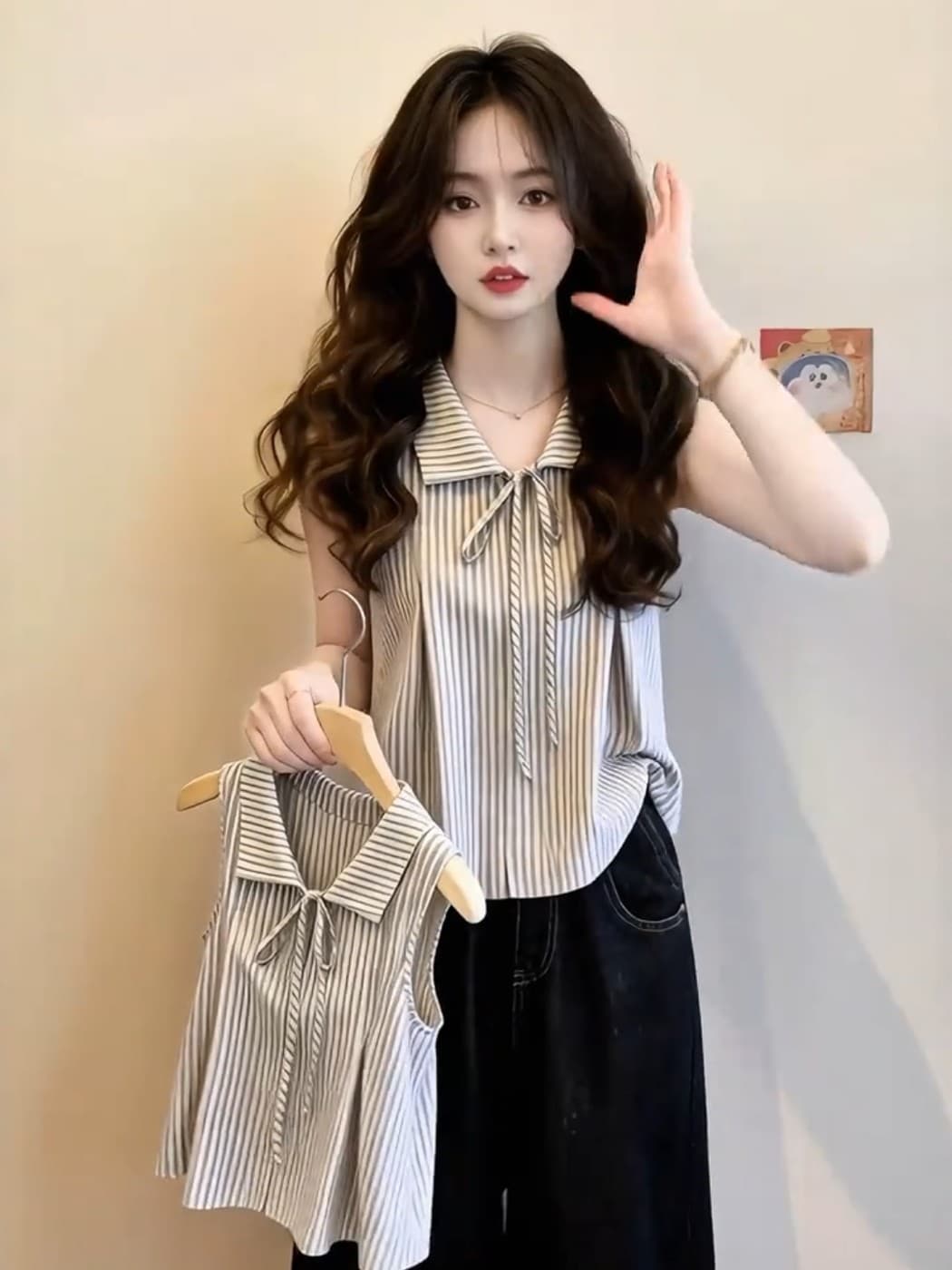 프랑스식 작은 대중 폴로 칼라 패치워크 색상 스트라이프 디자인 센스 레이스업 조끼 여성 여름 루즈핏 캐주얼 민소매 셔츠 맨위 상세 이미지 2