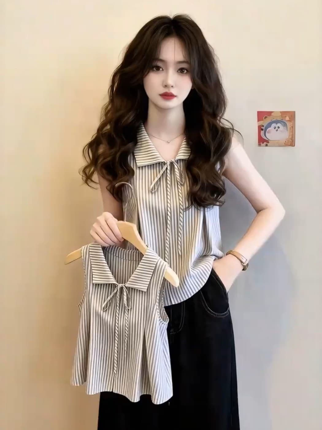 프랑스식 작은 대중 폴로 칼라 패치워크 색상 스트라이프 디자인 센스 레이스업 조끼 여성 여름 루즈핏 캐주얼 민소매 셔츠 맨위 상세 이미지 5