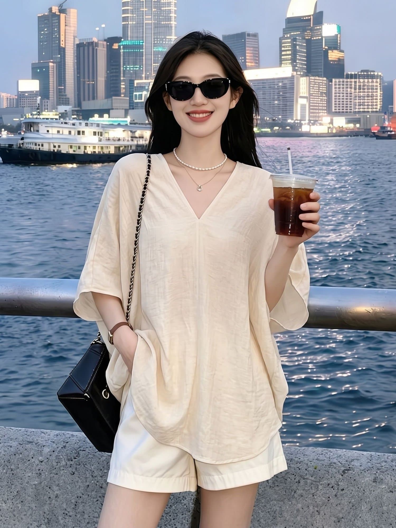 쌀 살구 질감 V넥 박쥐 반팔 셔츠 여름 빅 사이즈 지방 mm 루즈핏 표지 고기 얇은 스타일 도루 센스 다용도 맨위 이미지 2