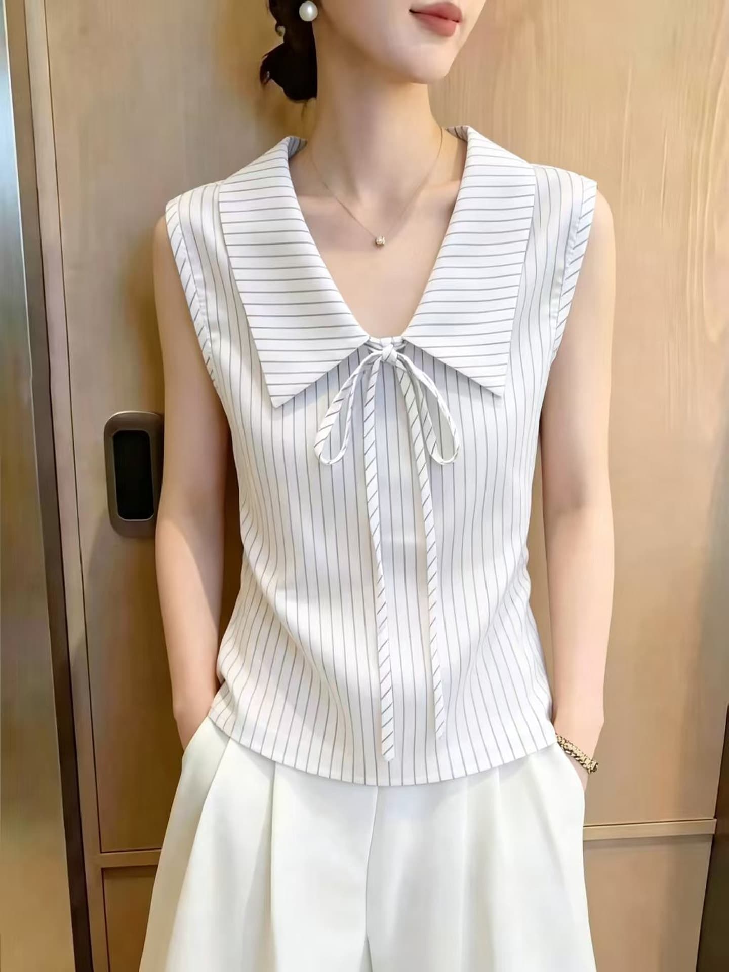 광저우 열세 개 여성 의류 스트라이프 민소매 여성 셔츠 여름 새로운 나비 넥타이 POLO 칼라 출퇴근 맨위 상세 이미지 1