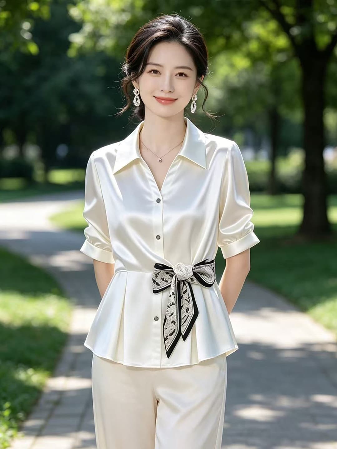 항저우 고급 실크 셔츠 여성 고급 센스 레이스업 반팔 작은 셔츠 빛 럭셔리 품격 뽕나무 누에 실크 맨위
