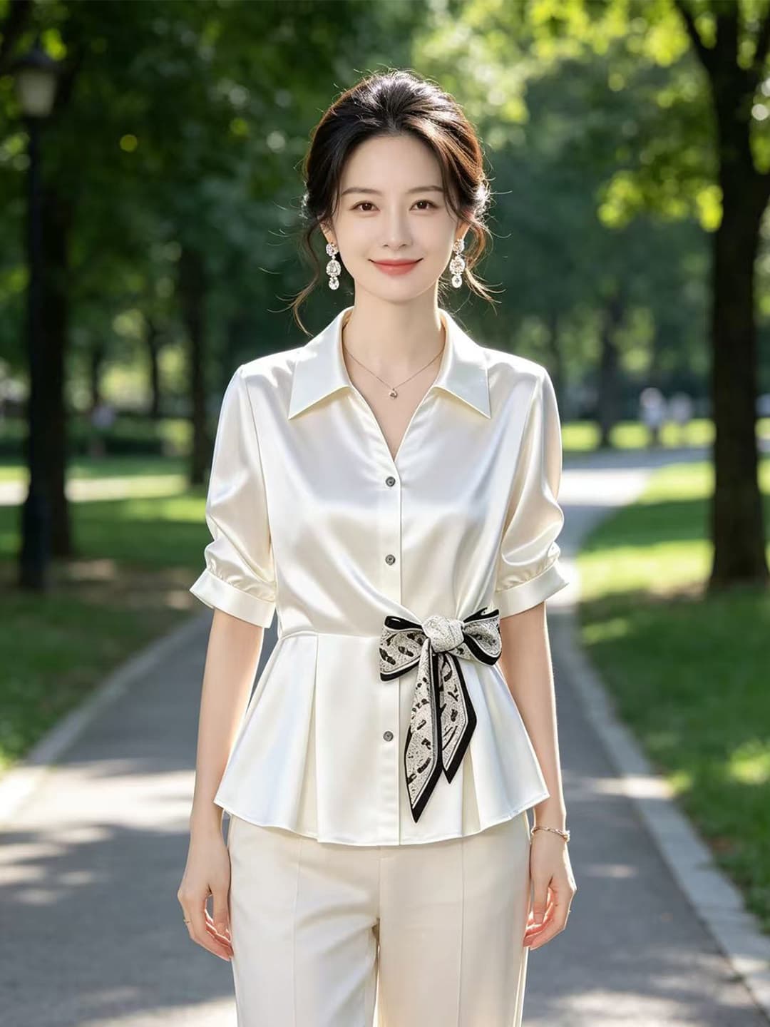 항저우 고급 실크 셔츠 여성 고급 센스 레이스업 반팔 작은 셔츠 빛 럭셔리 품격 뽕나무 누에 실크 맨위 상세 이미지 3
