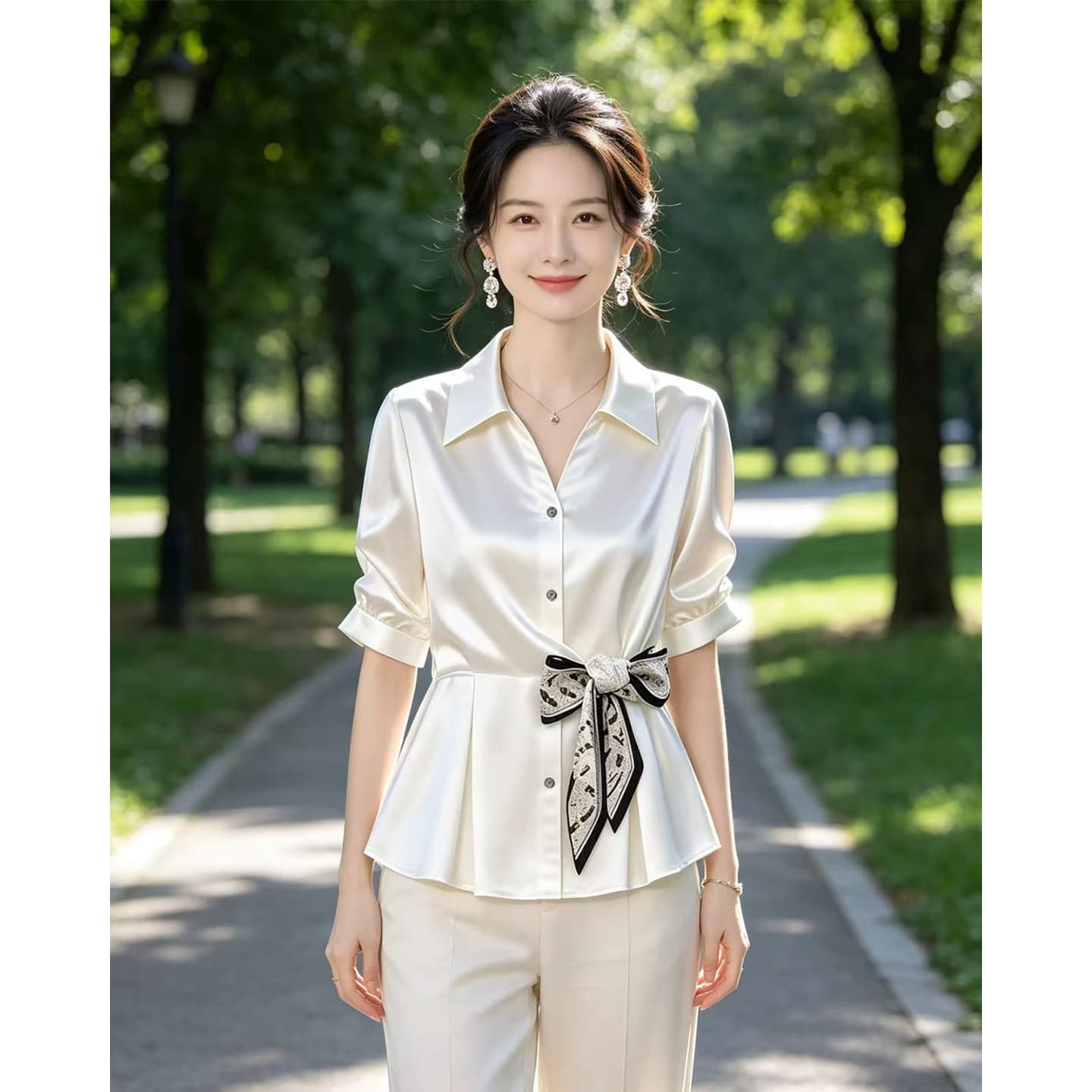 항저우 고급 실크 셔츠 여성 고급 센스 레이스업 반팔 작은 셔츠 빛 럭셔리 품격 뽕나무 누에 실크 맨위 이미지 3