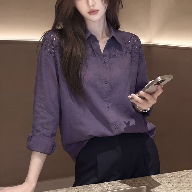 레트로 스타일 보라색 V넥 여성 셔츠 2026 년 가을 새로운 긴팔 루즈핏 고급 센스 연령 감소 슬림해 보이는 맨위 이미지 3