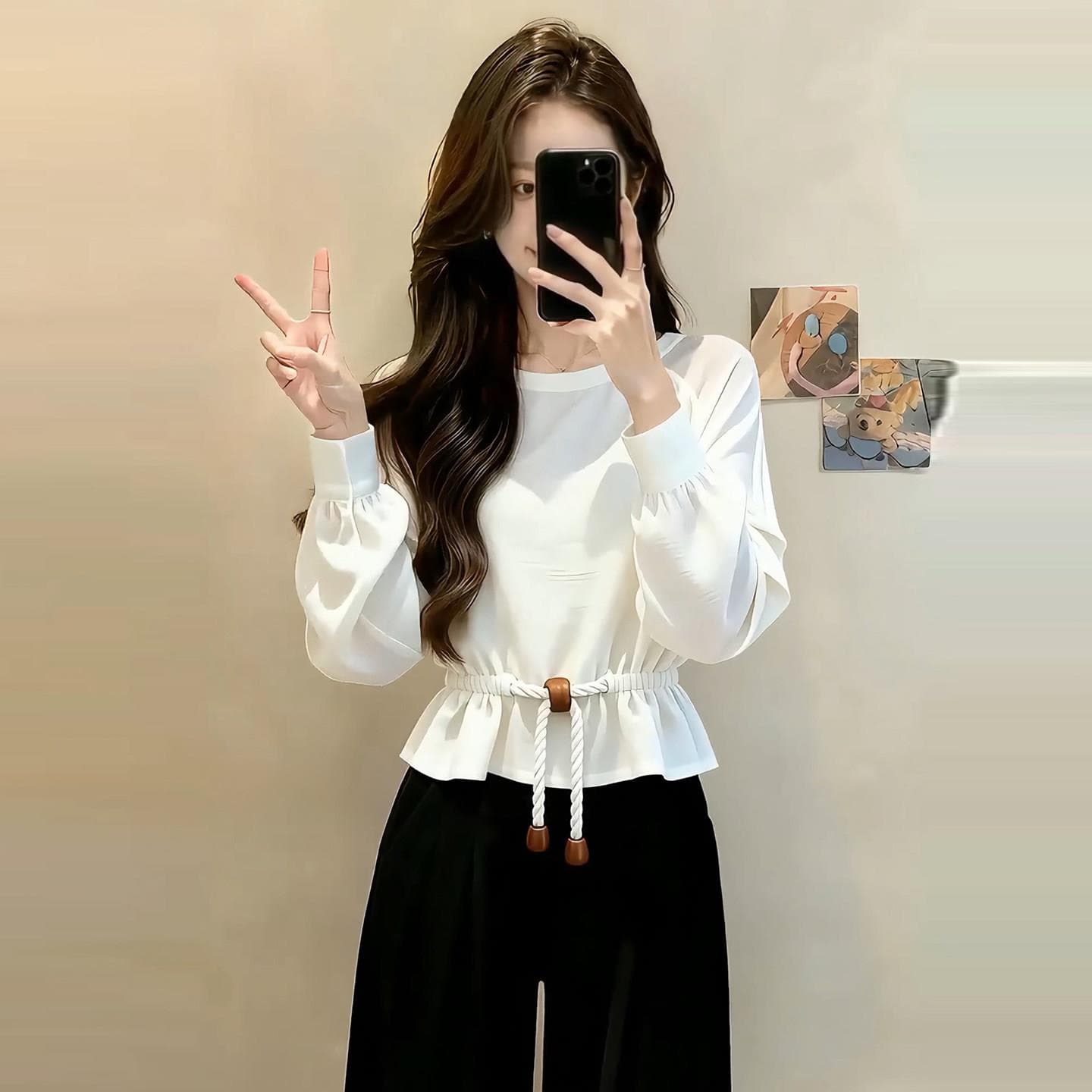느긋한 바람 화이트 긴팔 허리 수축 여성 셔츠 2026 가을 새로운 패션 펌프 로프 티셔츠 외국 가스 출퇴근 맨위 상세 이미지 2