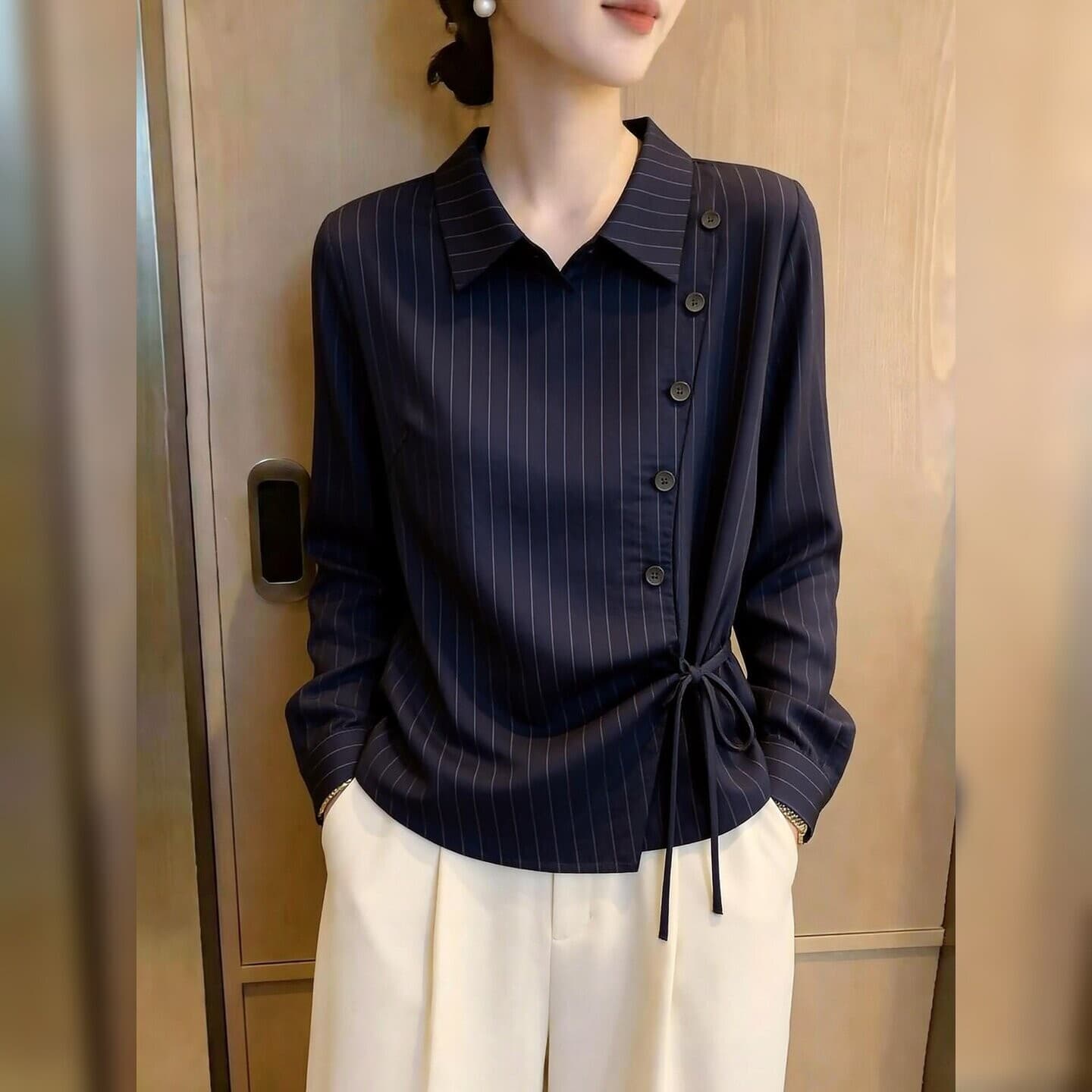 블루 색상 스트라이프 폴로 칼라 긴팔 여성 셔츠 2026 이른 가을 새로운 고급 센스 레이스업 허리 수축 프랑스식 맨위 상세 이미지 4